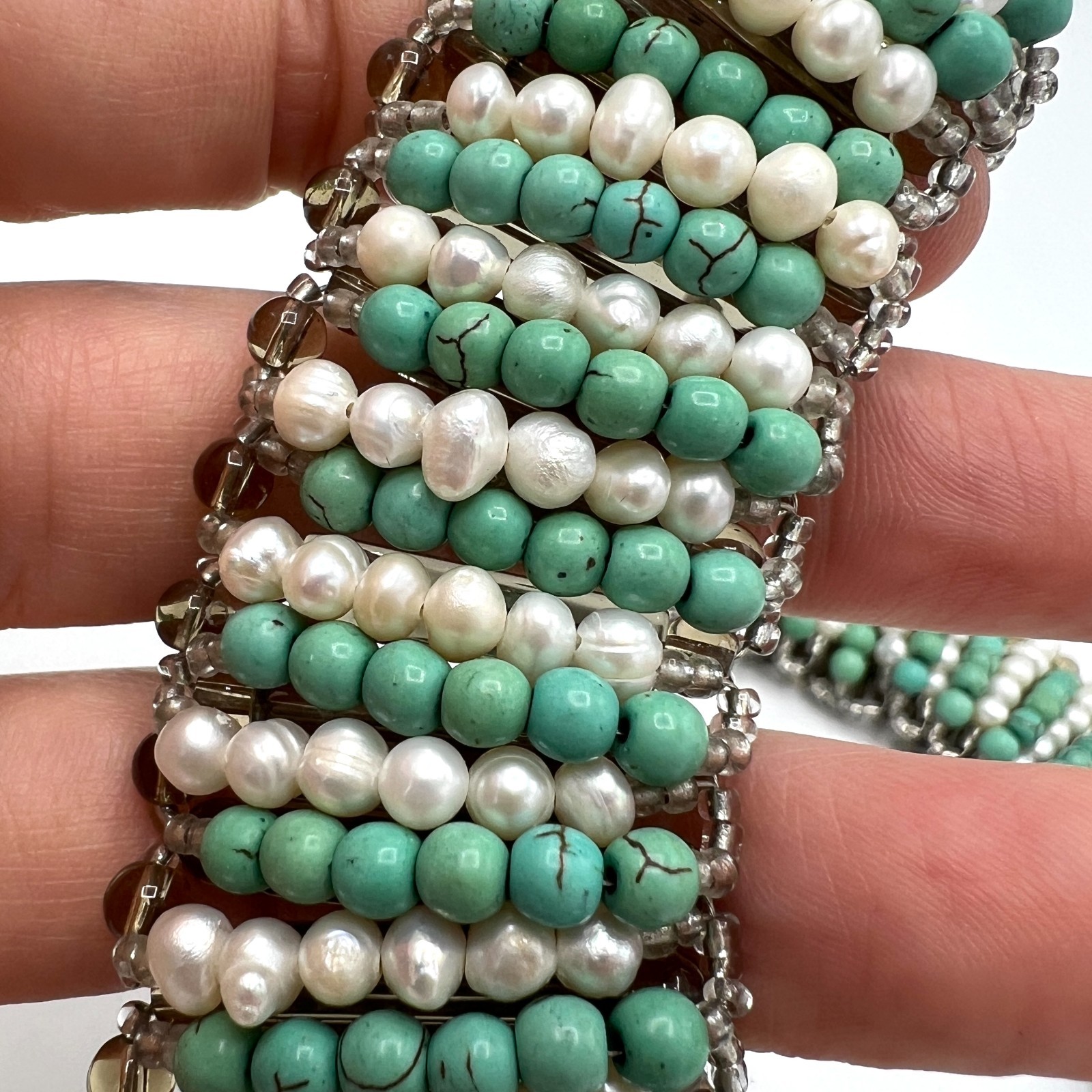 Vintage Turquoise & Freshwater Pearl Collar Necklace Sterling Silver 925 Clasp