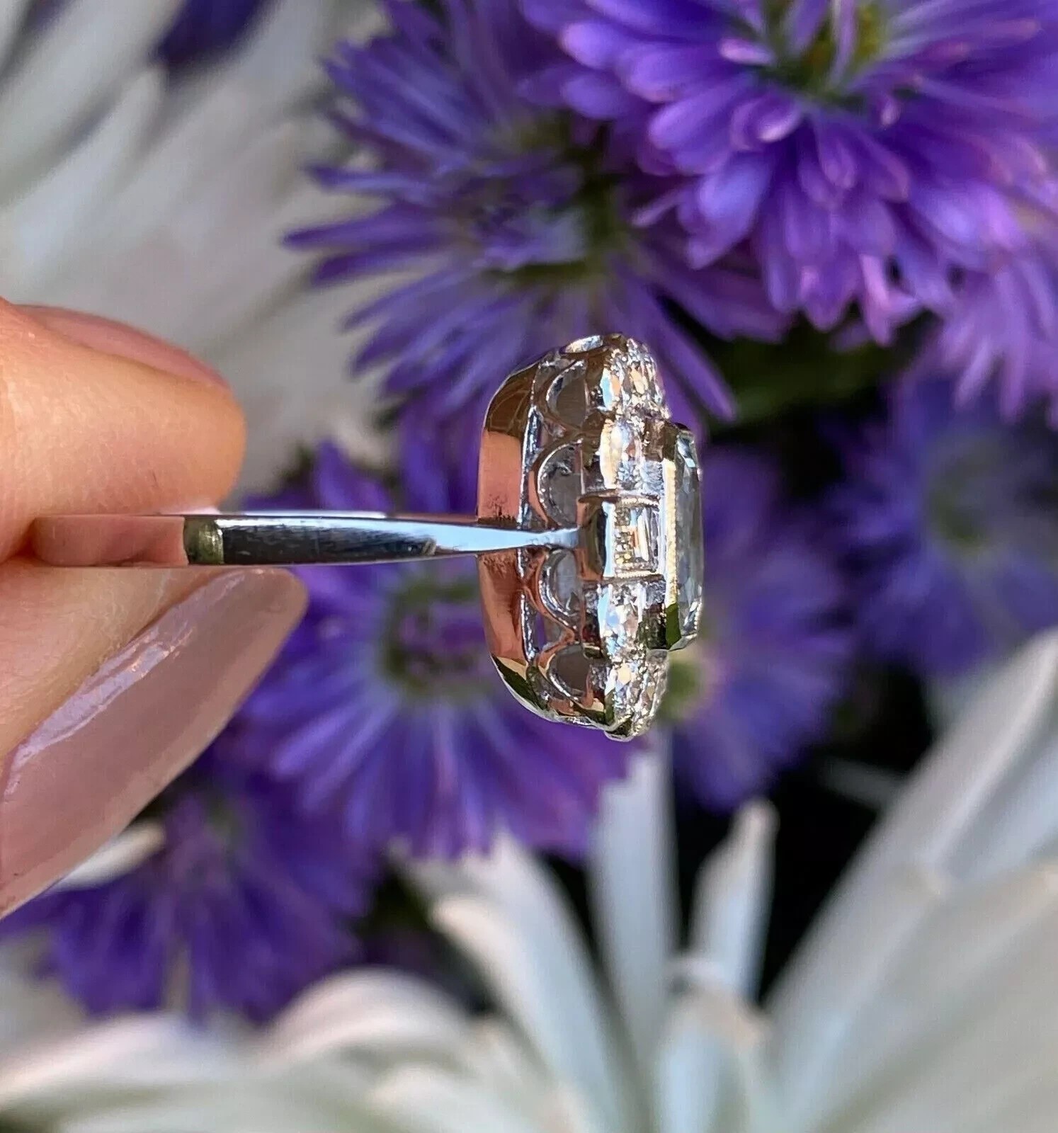 3.5Ct Art Deco Style Aquamarine Lab Created Diamond Engagement 14K White Gold FN