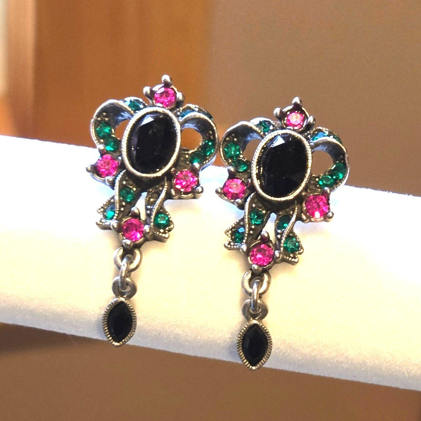 1928 Vintage Dangle Earrings Black Cabochon Pink Green Crystal Drop Bow shaped