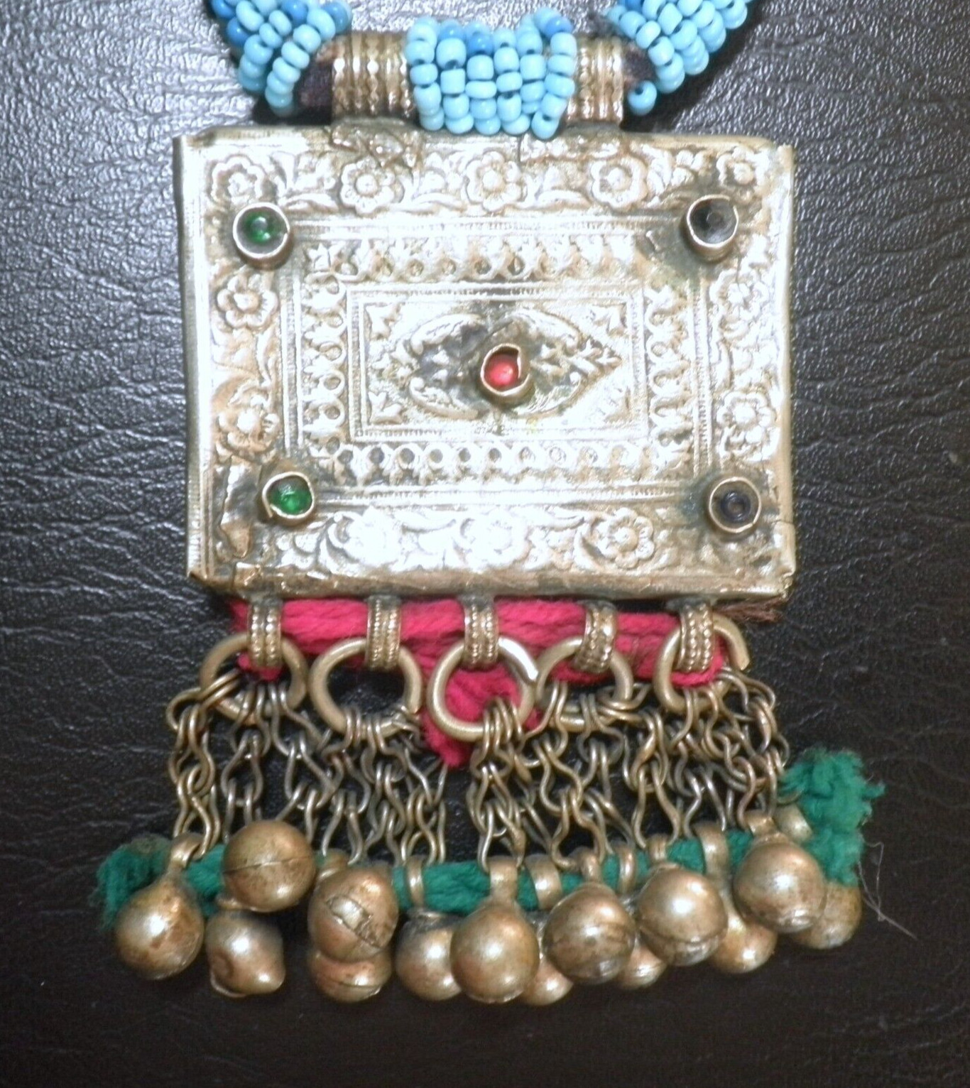 Vintage Turkoman Tribal Artisanal Wool Beaded Engraved Metal Statement Necklace