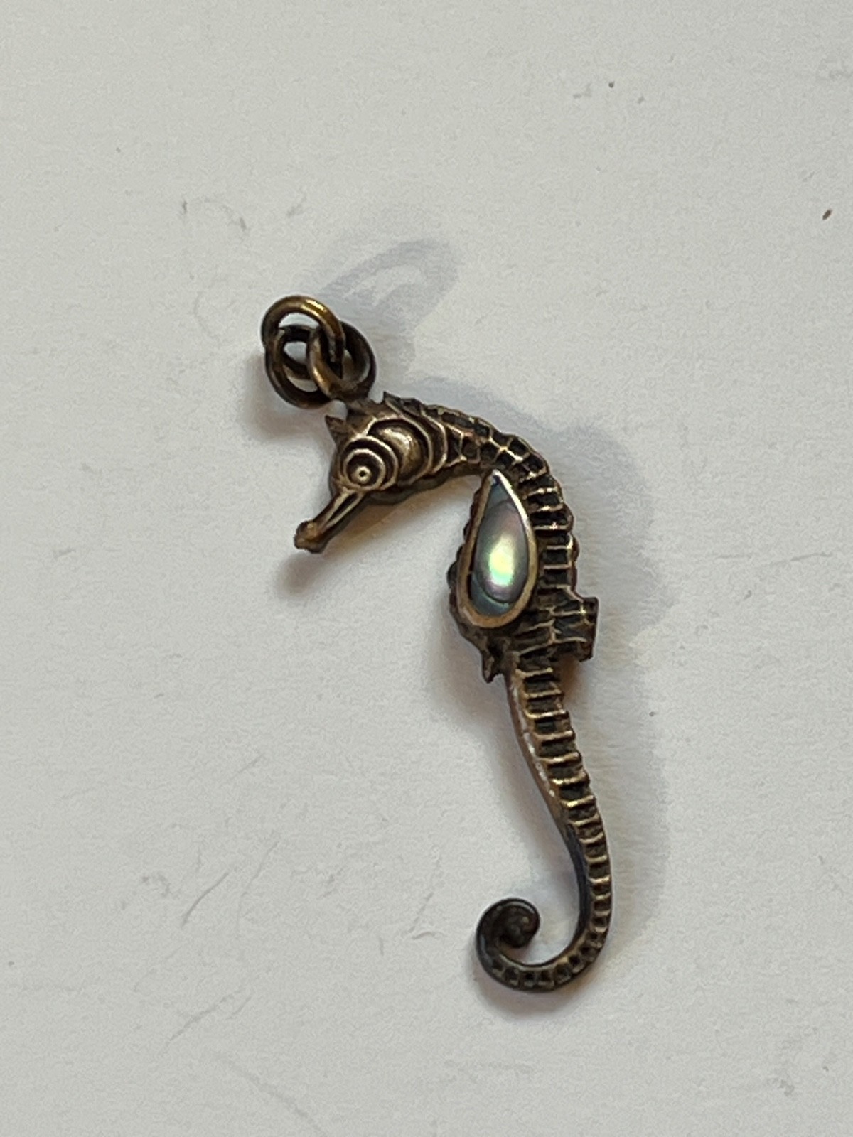 Small Antique Goldtone Seahorse w Small Abalone Accent Pendant – about 1 and 1/8