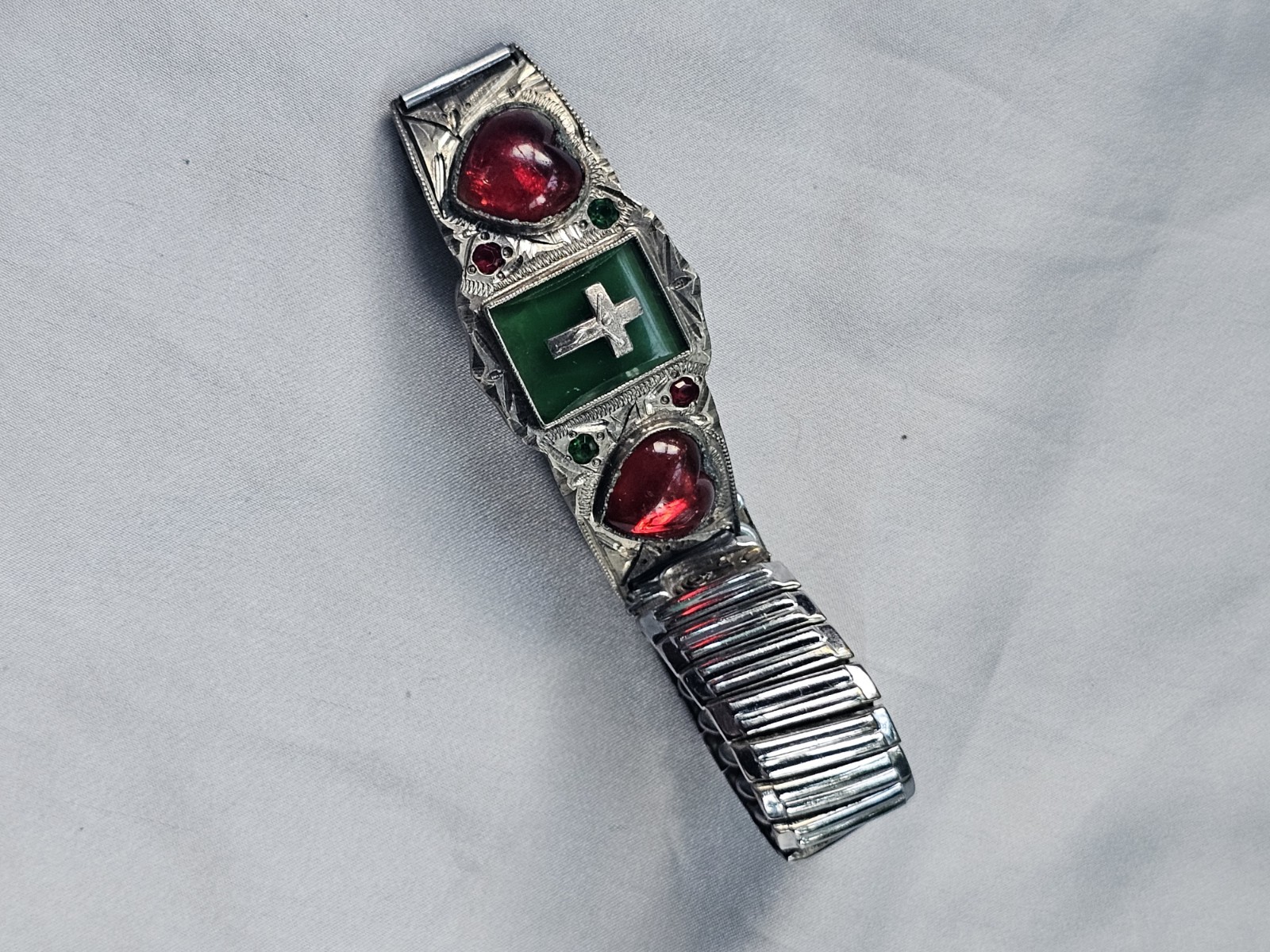 Vintage Silvertone Expanding Bracelet German Silver Sweet Heart Red Glass Cross