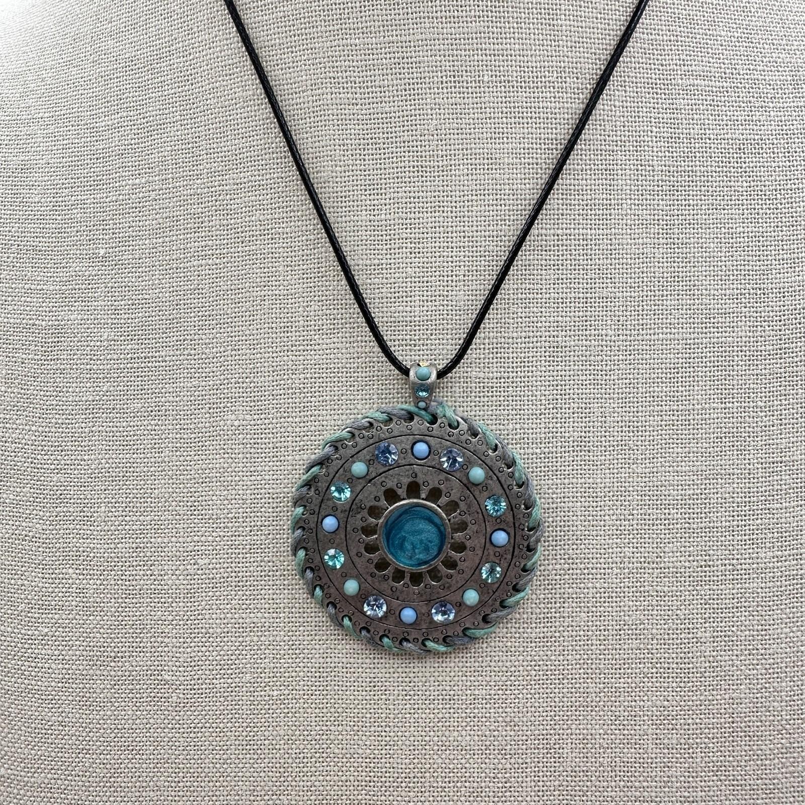 Vintage 90s Teal Blue Beaded Medallion Pendant Necklace Silver Tone Rhinestone