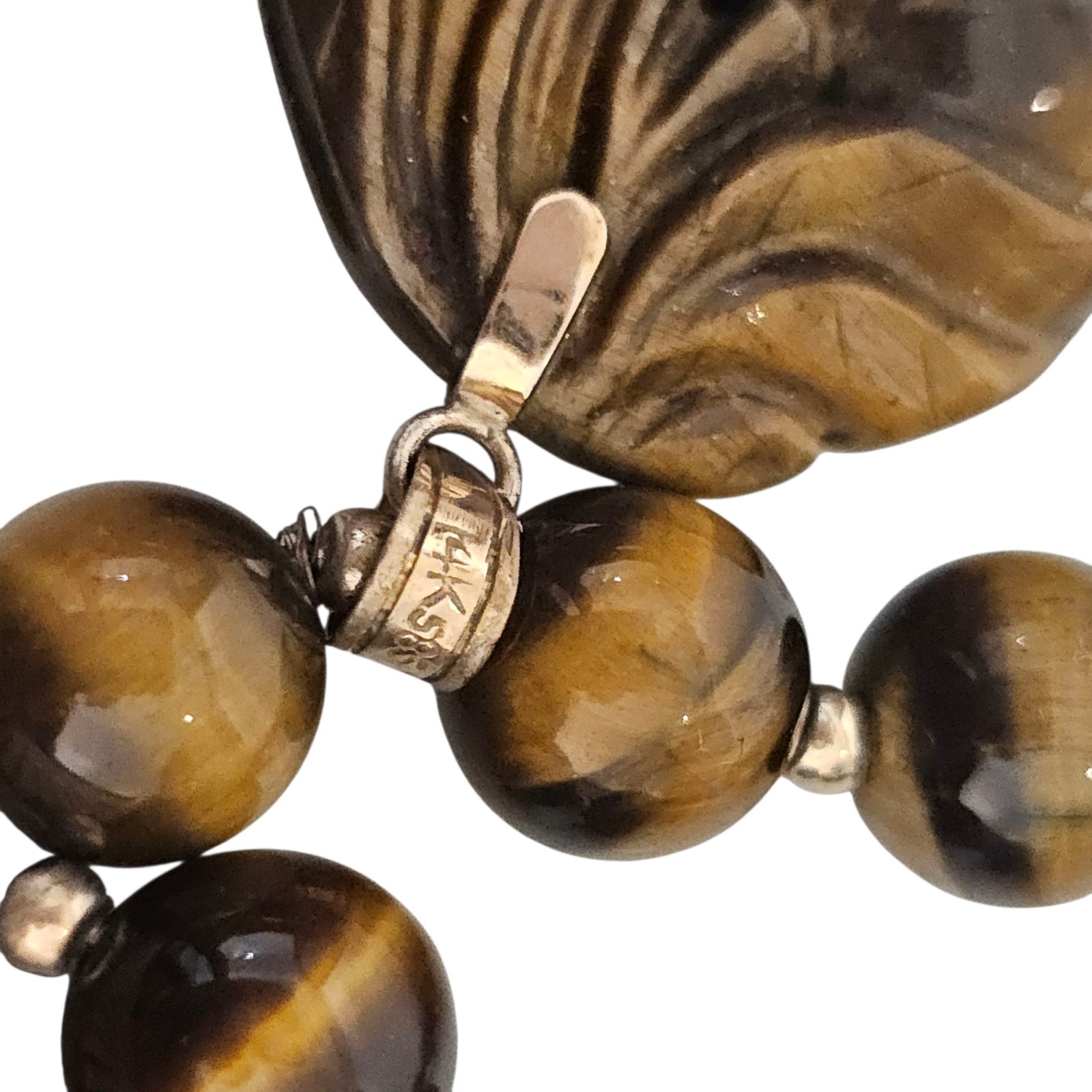 14k Gold Tigers Eye Carved Peach Floral 2″ Pendant 26″ NECKLACE 96 GR