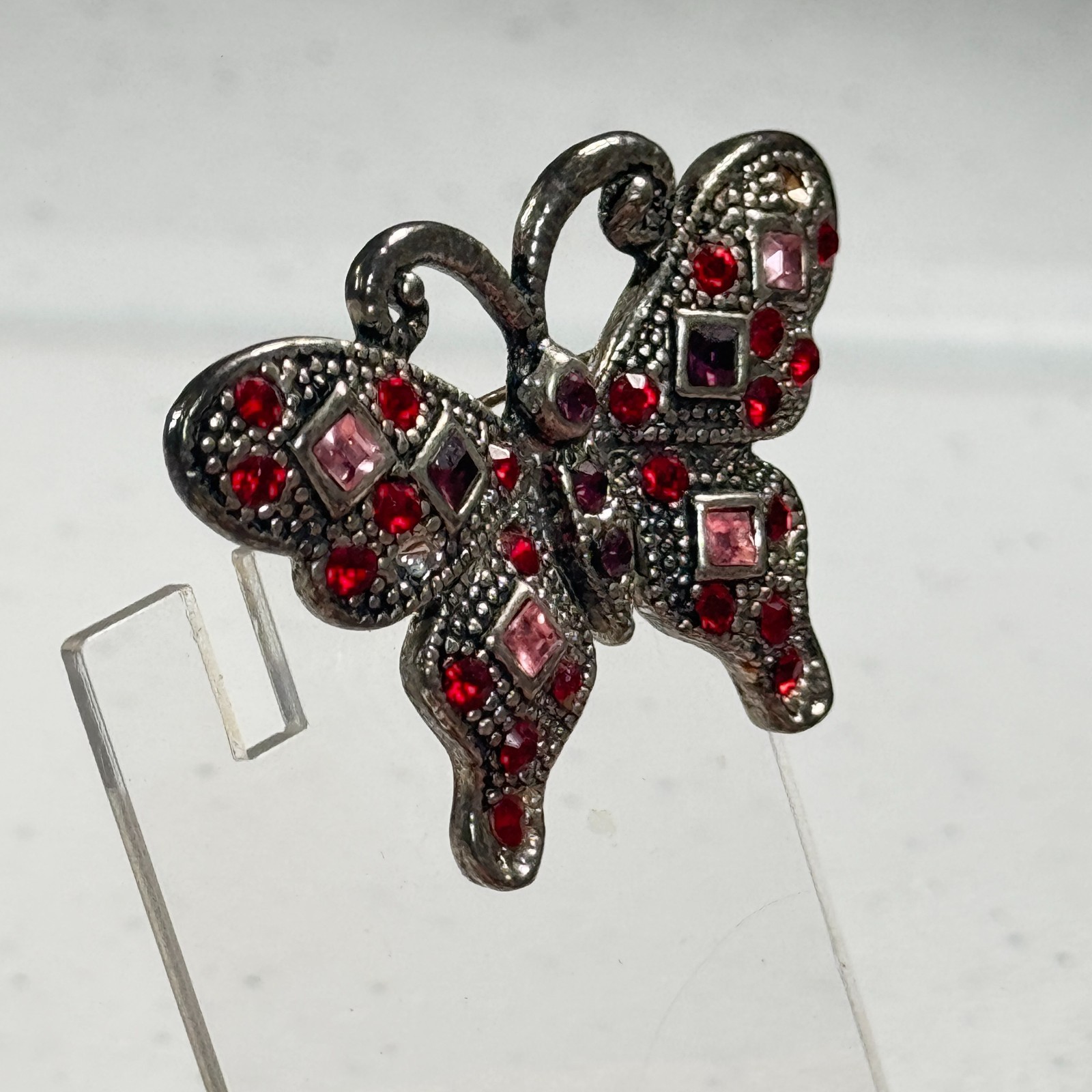 Vintage Brooch Butterfly Gunmetal Red Pink Rhinestone Pavé Statement Pin mcm