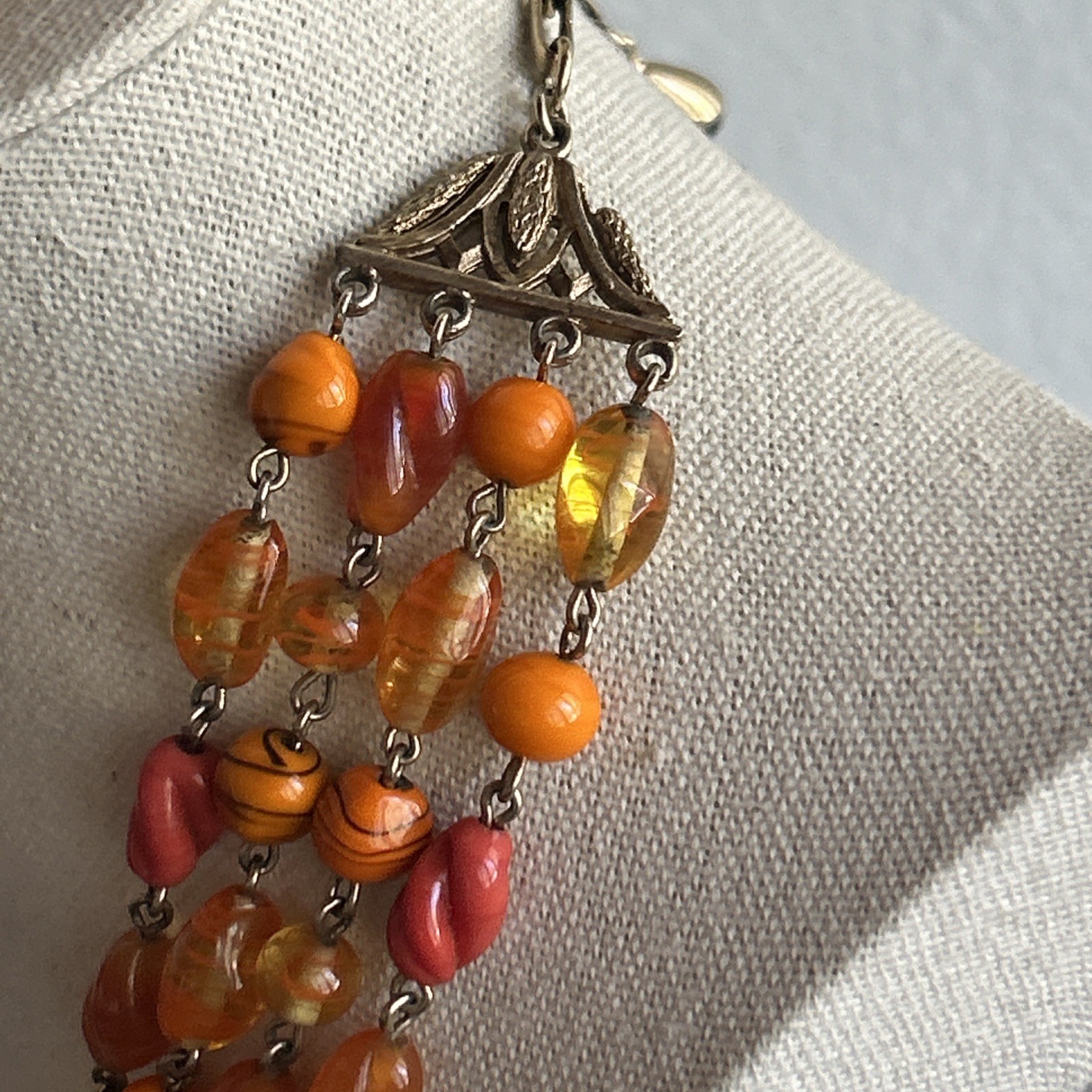 Multi Strand Glass Bead Necklace Orange Yellow Coral Vintage Statement Jewelry