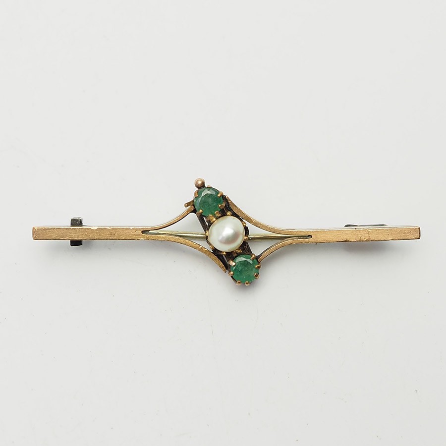 Antique pearl green emerald gold filled bar brooch pin