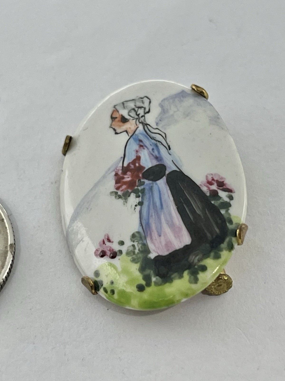 Art Deco Hand Painted Portrait of a Lady in Ethnic French Costume Bonnet Brooch