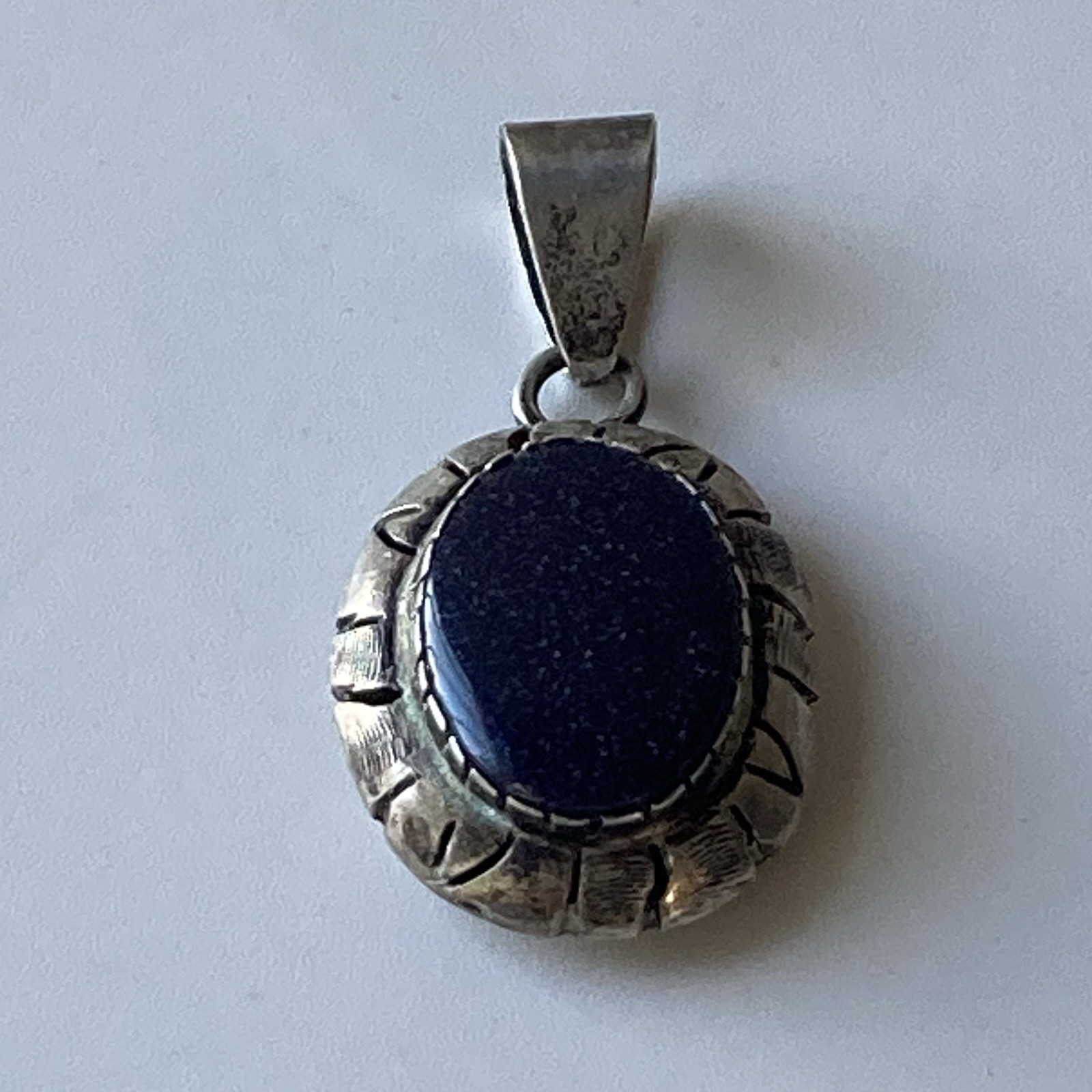 Vintage Sterling Silver 925 Blue Sunstone Pendant Mexico Made Chunky Modernist