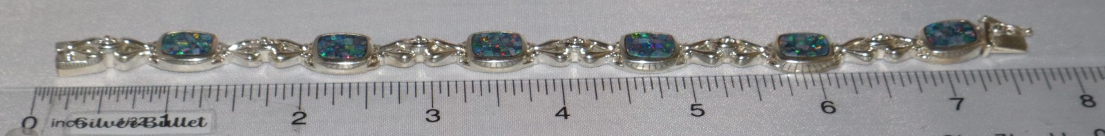 Vintage Sterling Silver Mosaic Opal Gem Inlay Link Michelle Albala Bracelet 7.5