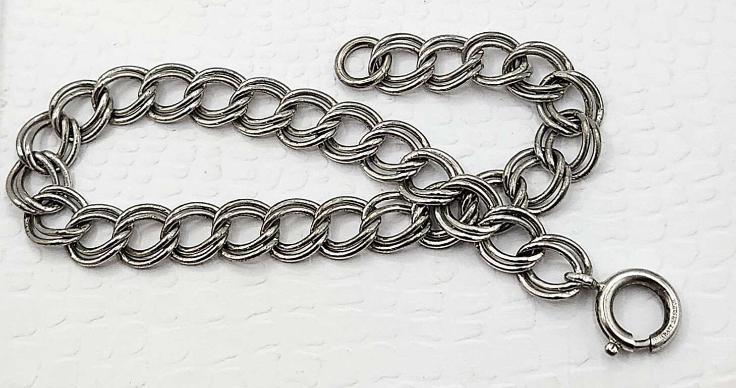 Vintage Danecraft Sterling Silver Double Link Starter Charm Bracelet 7 & 3/4″