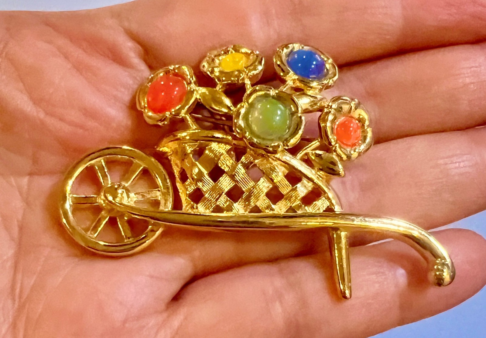 Signed Trifari Vintage Flower Wheelbarrow Brooch Pin Gold Tone 2.25 Inches Long