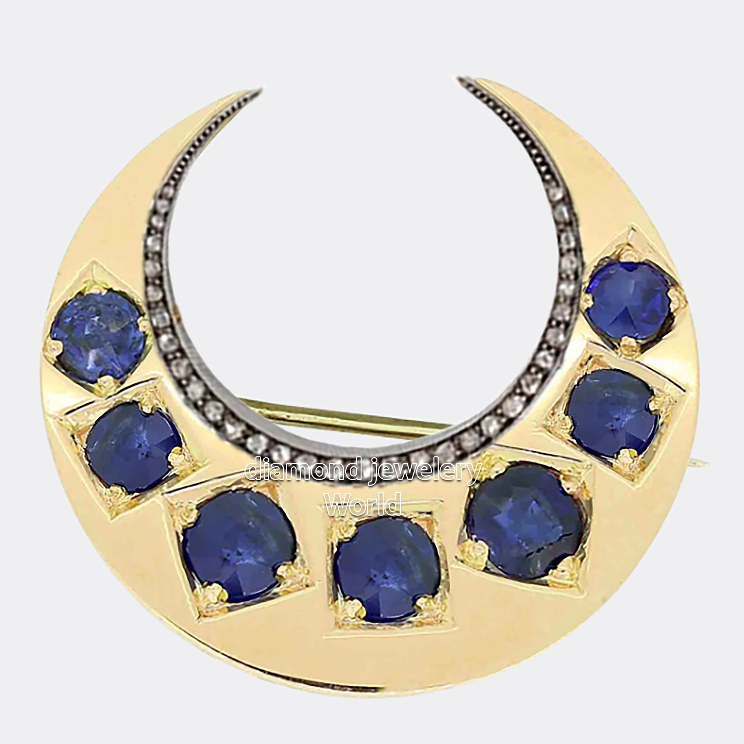 0.78ctw Rose Cut Diamond Silver Sapphire Studded Victorian Moon Brooch Jewelry