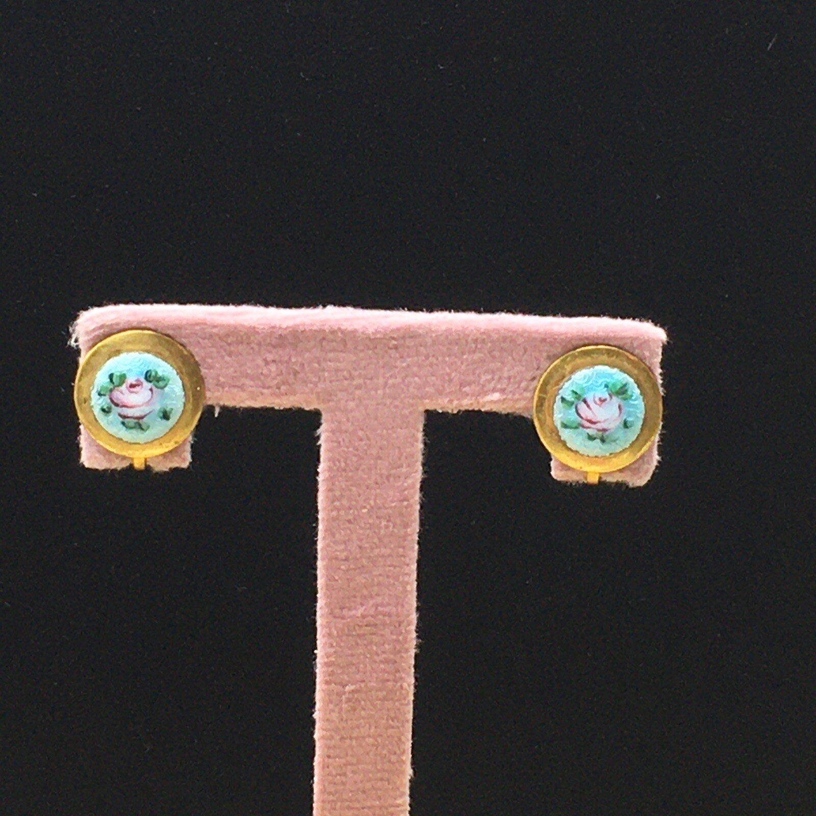 Guilloche Floral Earrings Gold Tone Teal Blue Pink Rose Painted Screw Back .5″