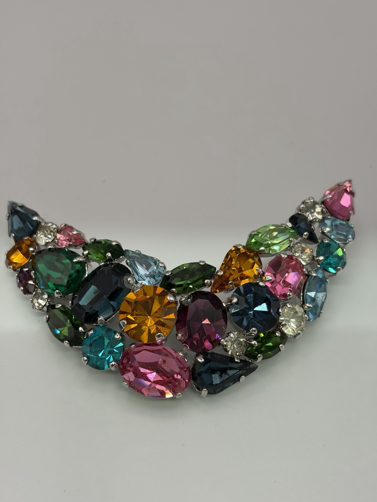 Lg Vintage Austrian Crystal 70s Brooch Brilliant Sparkling Multicolour & Shapes