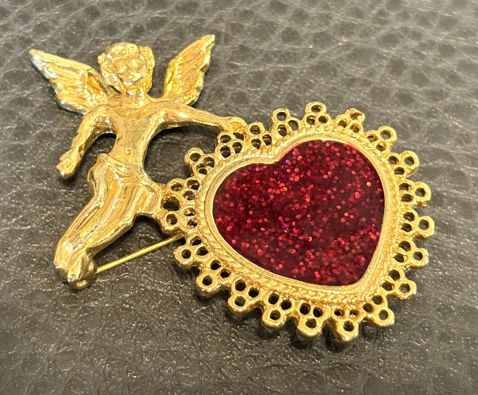 VTG Brooch Cupid Gold Toned Angel Red Glitter Heart Cherub Valentine Love Pin