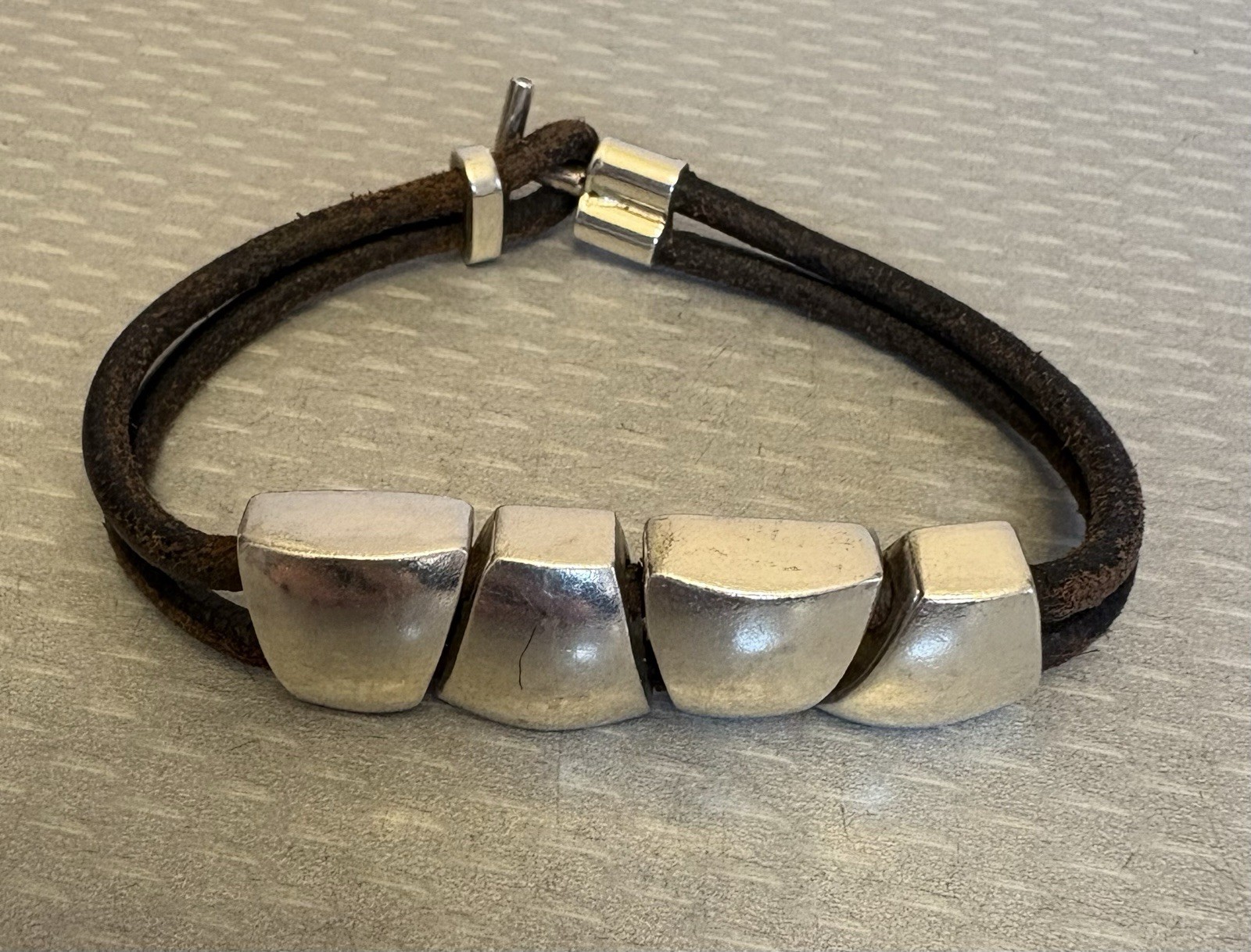 925 Taxco Mexico Modernist Sterling Silver Chunk Bracelet Leather Cord Toggle