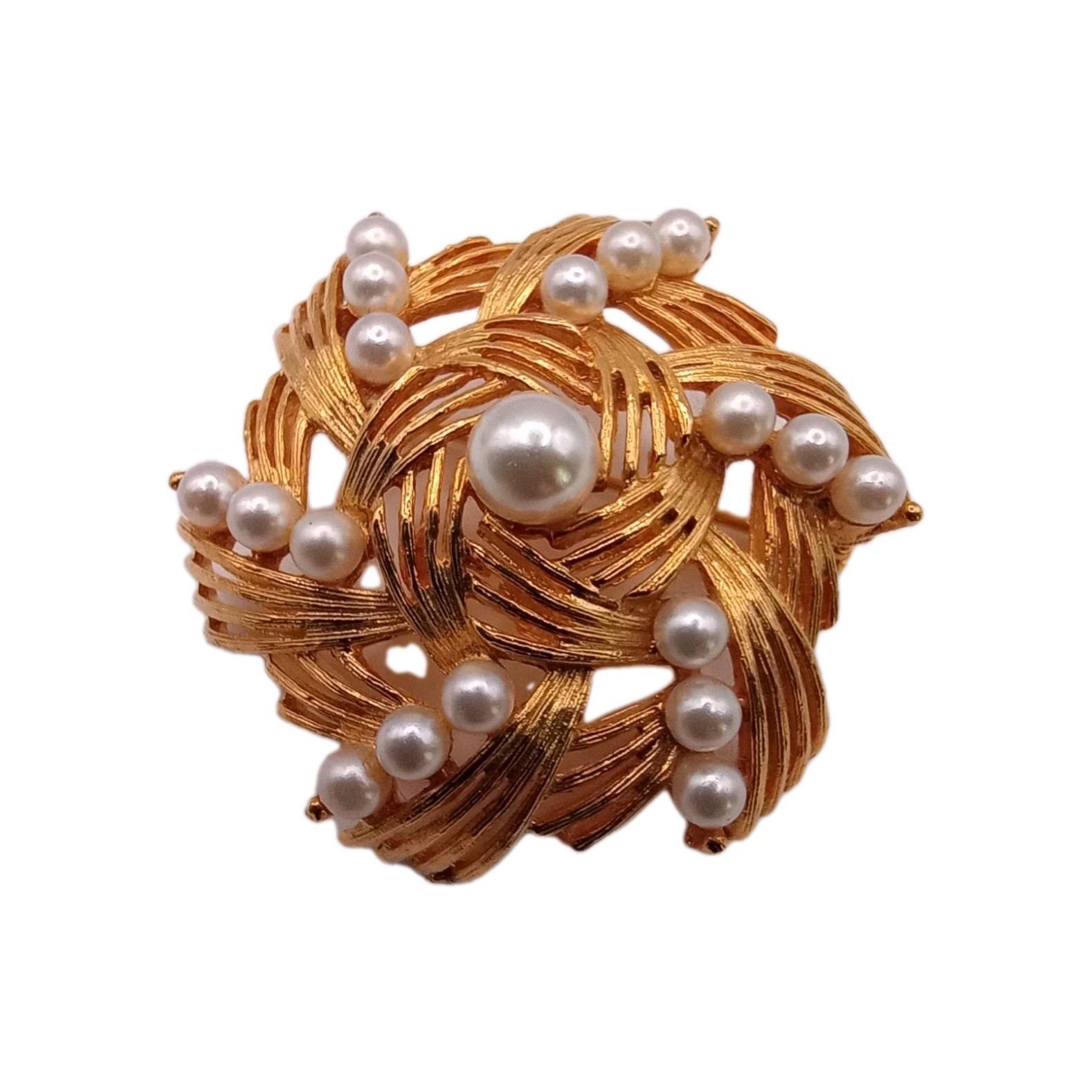 Vintage Gold Tone Textured Ribbon Brooch Swirl Faux Pearl MCM Pin 1 1/2 D