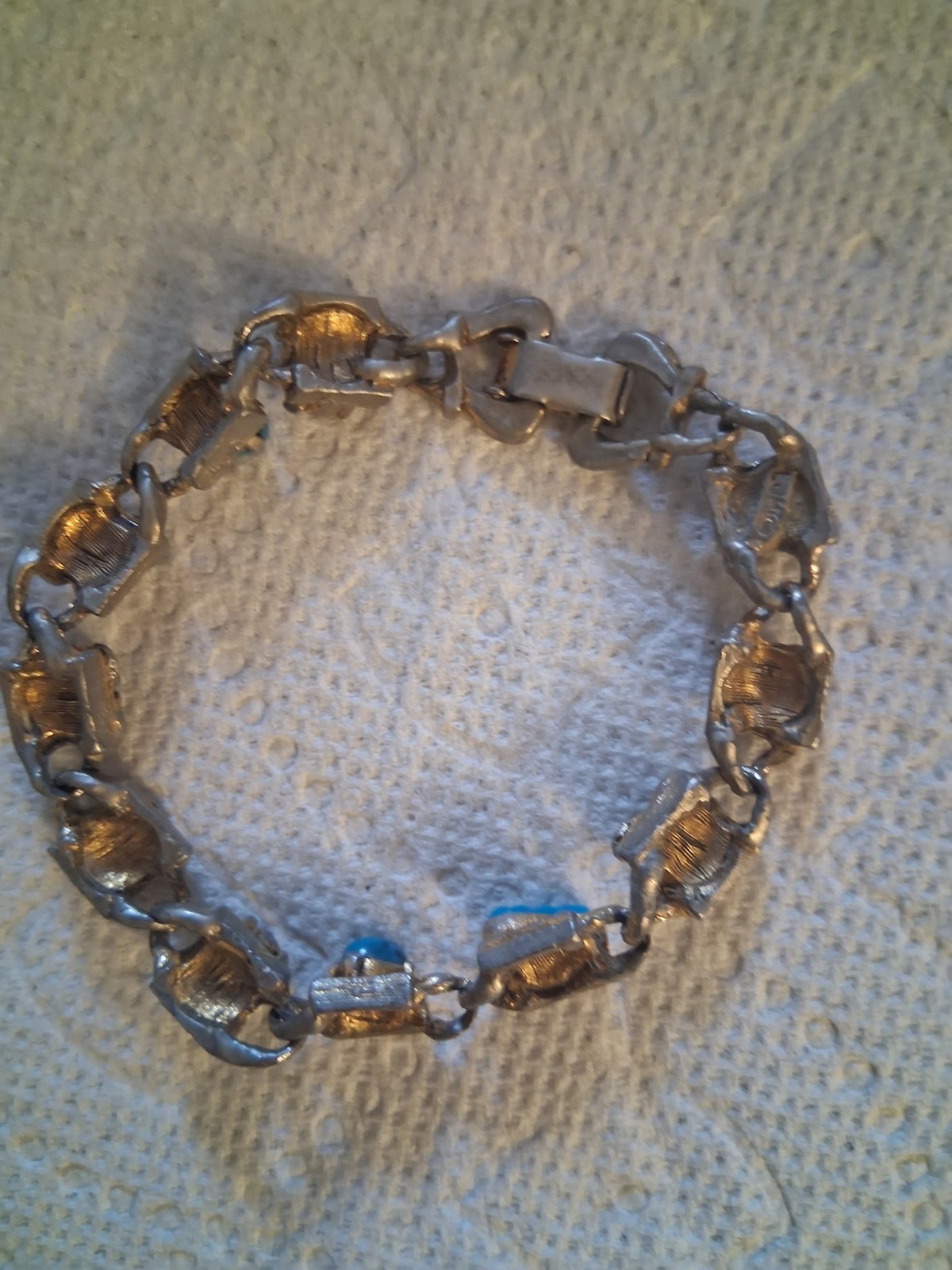 Vintage LJM gold tone chain link bracelet faux blue stones small pearls