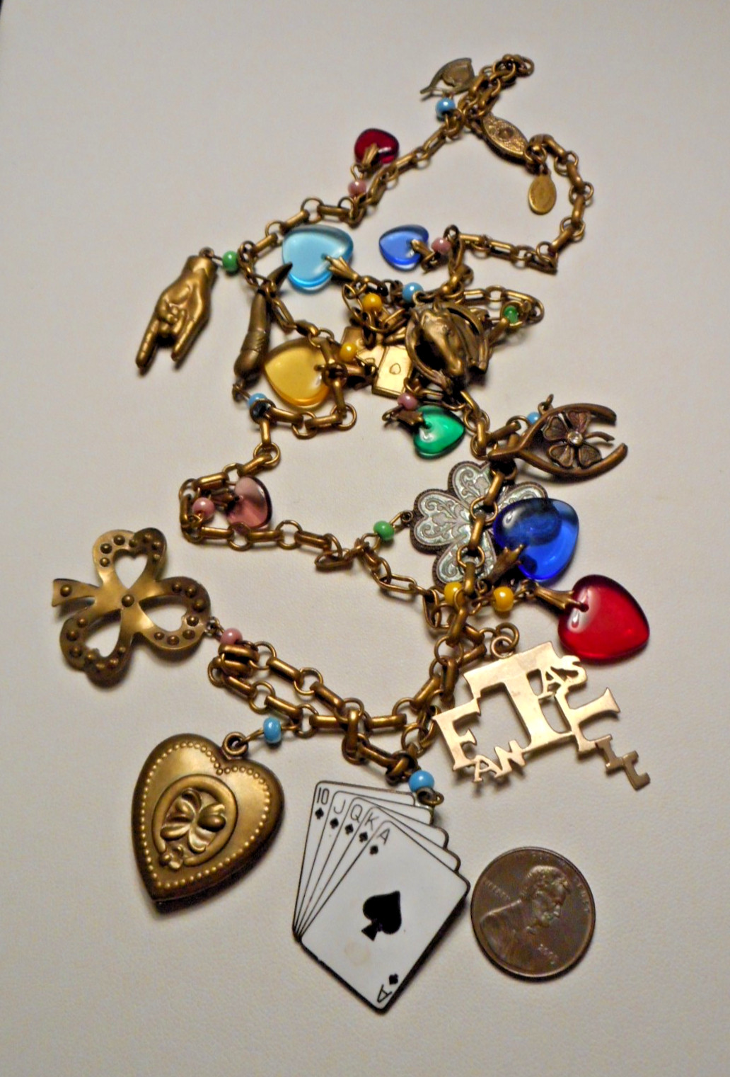 Vintage Glass Works Studio Brass Chain Necklace w 19 assorted Charms 30″ L