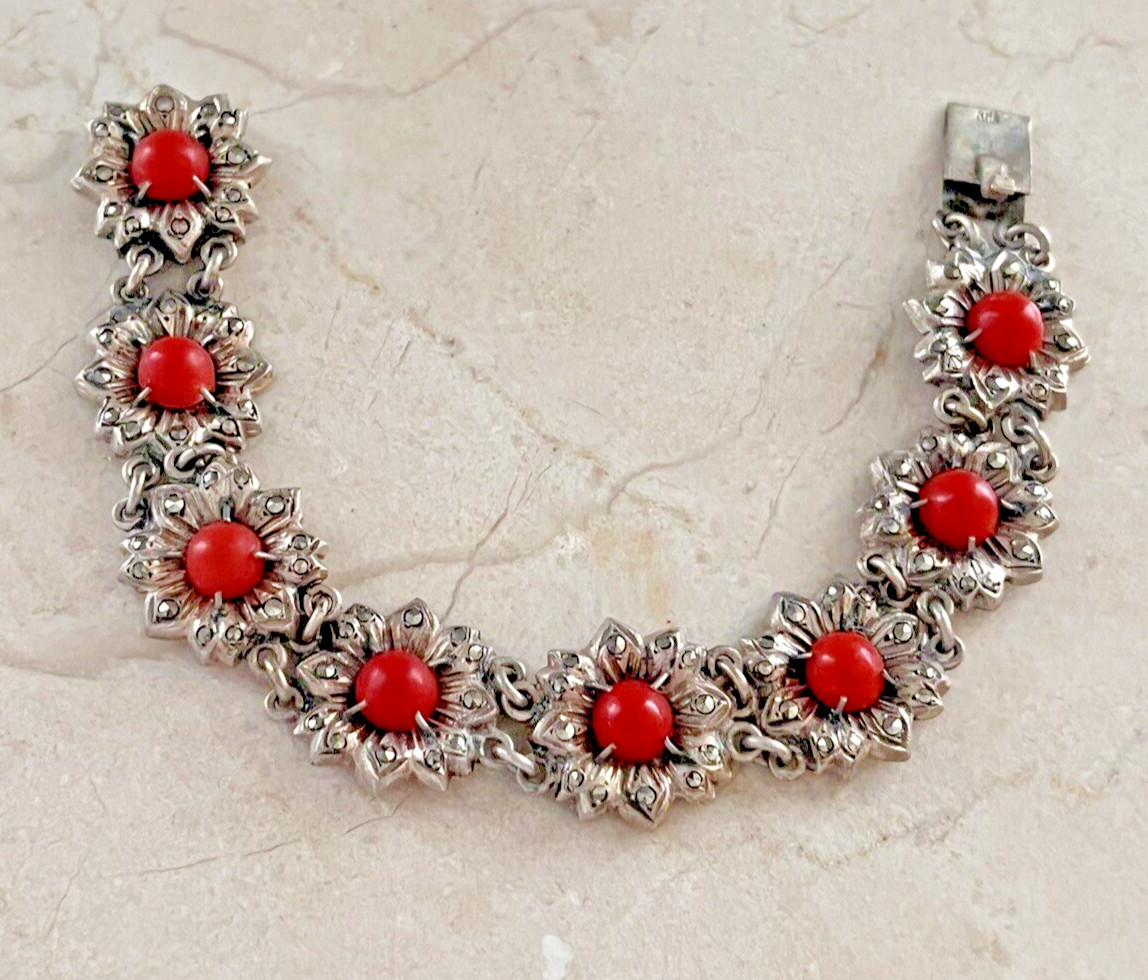 Antique Victorian 900 Silver Marcasite & Coral Link Flower Bracelet