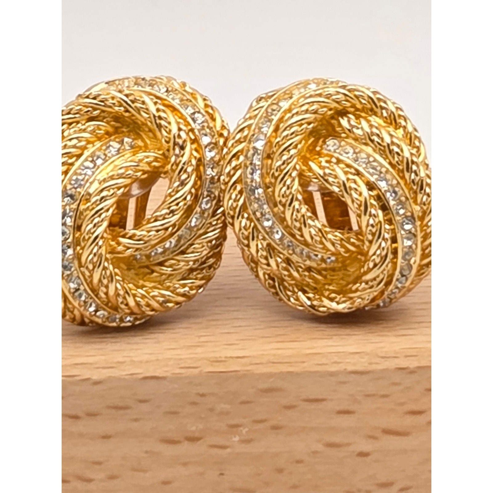 Vintage Christian Dior Rhinestone Rope Twist Knot Clip On Earrings Gold Tone