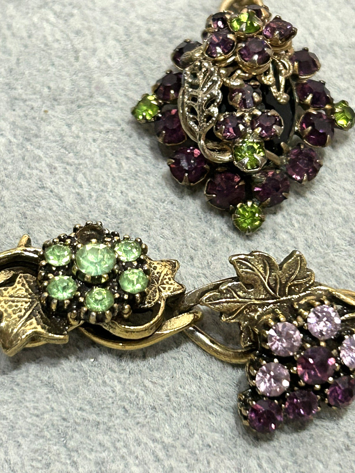 Purple Grape Clusters & Green Flowers Rhinestone Bracelet, Earrings & Necklace
