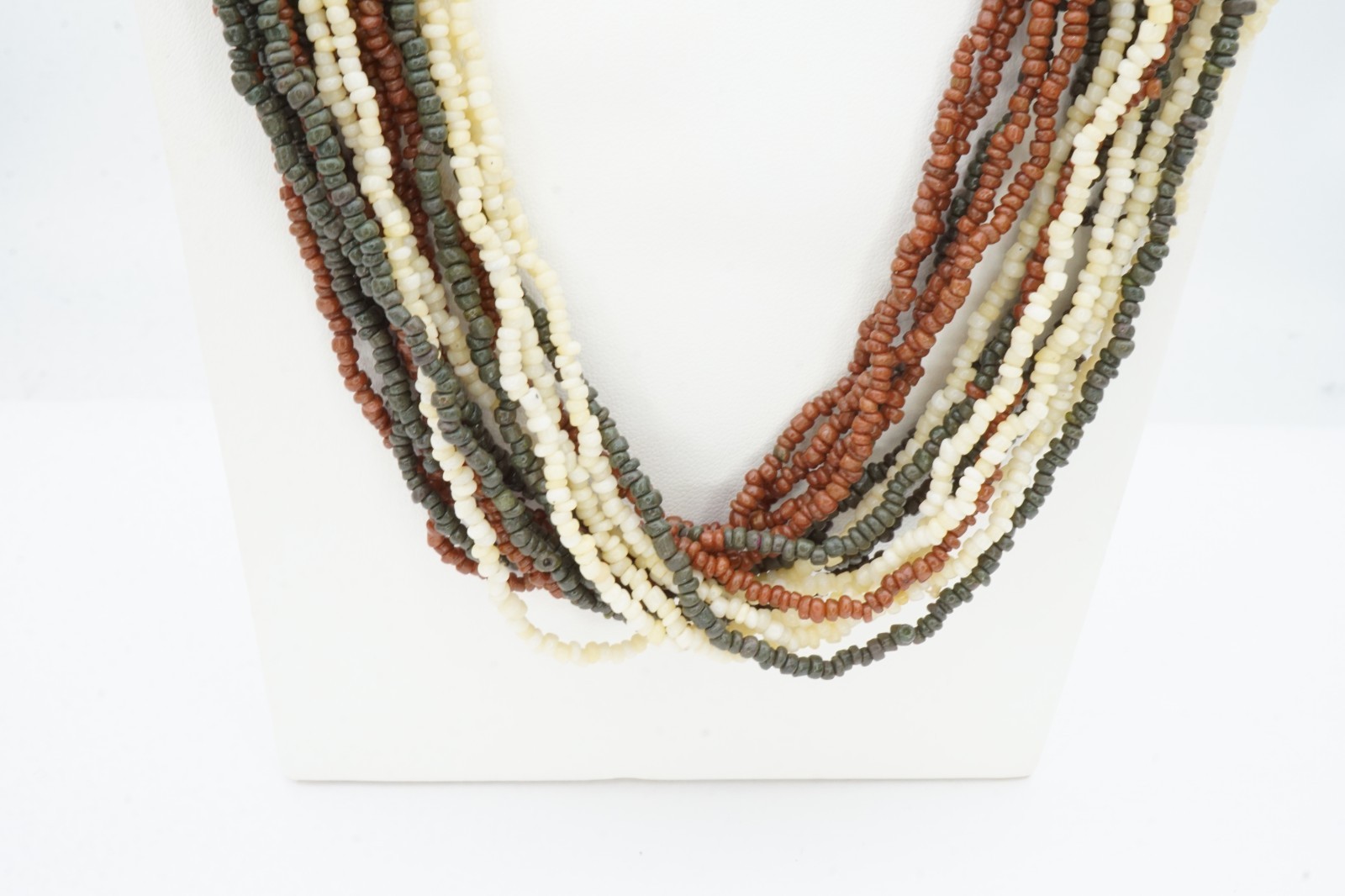 Vintage Necklace Silver Tone White Brown Green Seed Bead 31″