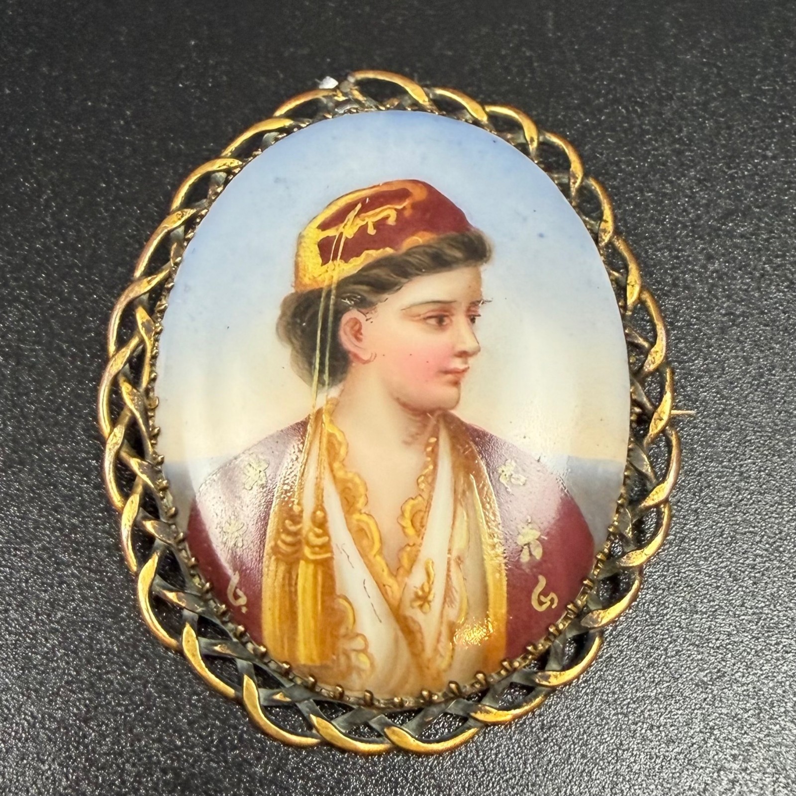 Antique Hand Painted Porcelain Portrait Brooch Woman Greek Ottoman Costume