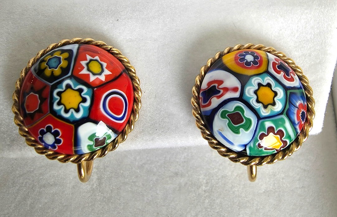 Vintage 1/20 12K GF Millefiori Murano Glass Screw-on Earrings