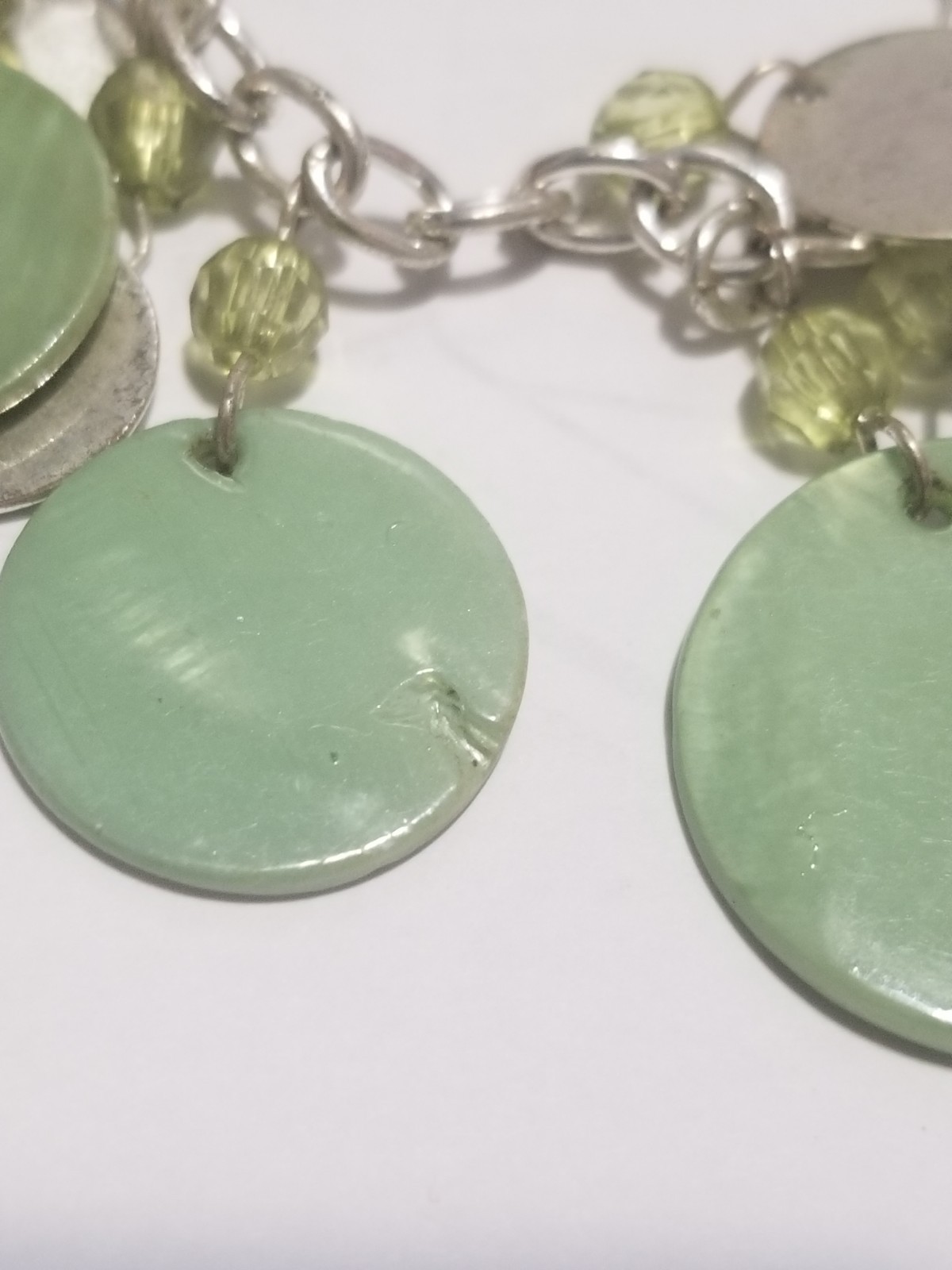 Vintage Necklace & Earrings Set Silvertone With Green Shells And Beads 18 Inches