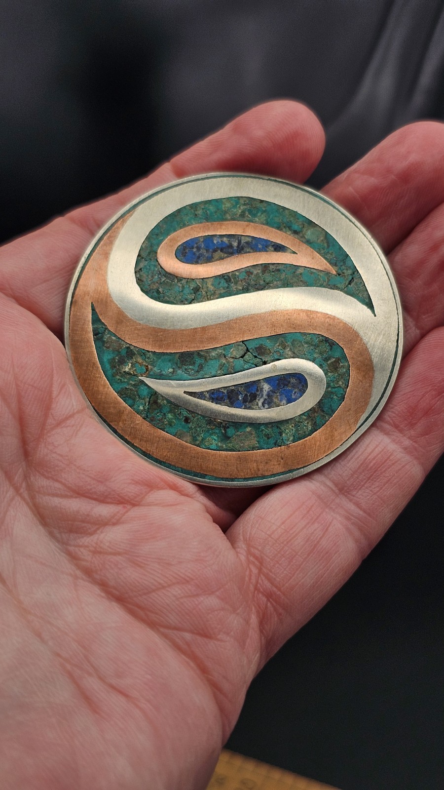 Mexican Sterling Silver & Copper Inlay Brooch GPR Hallmark Bell Mark Gemstone