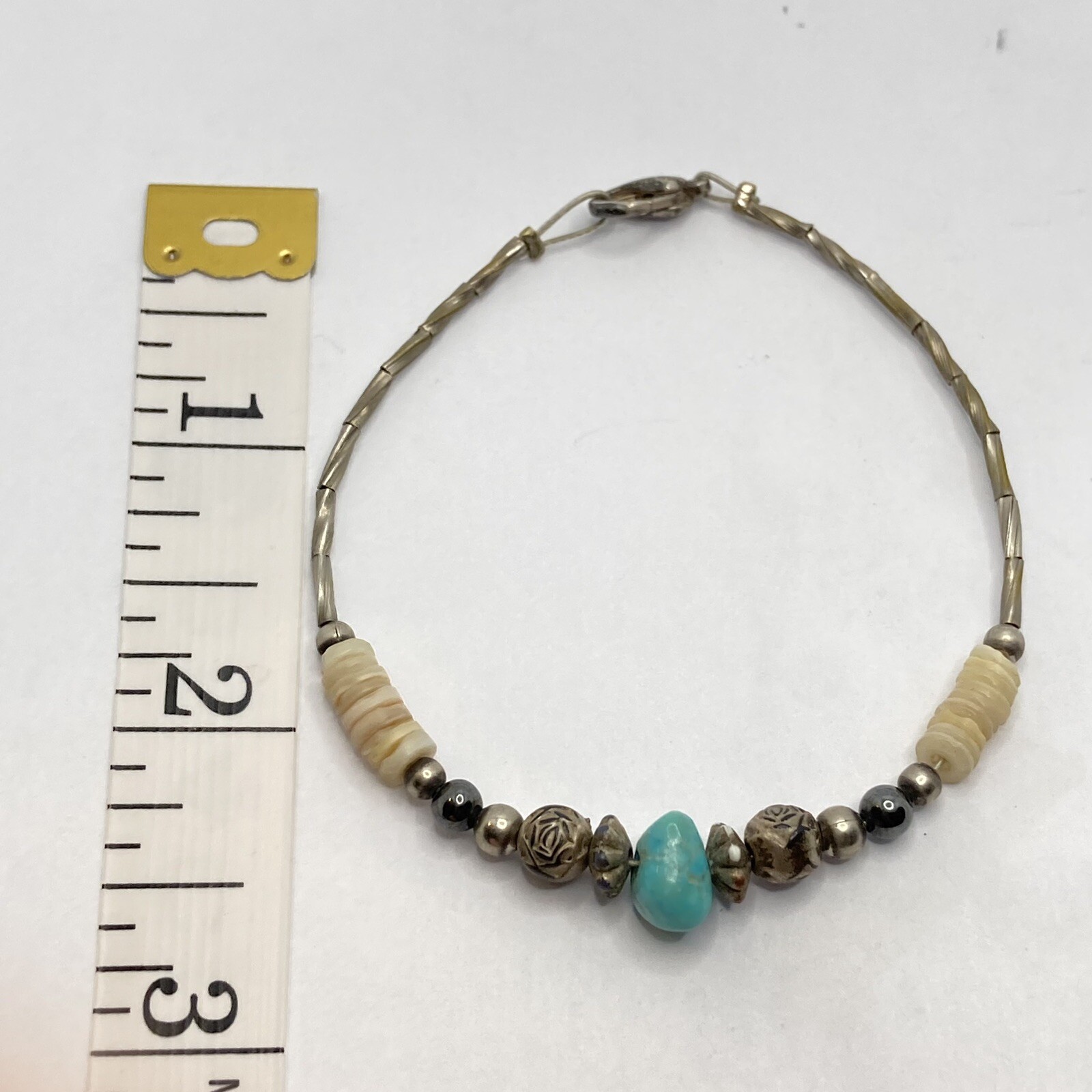 VTG 60’s Western Native Turquoise Stone Silver Mother Pearl Shell Beads Bracelet