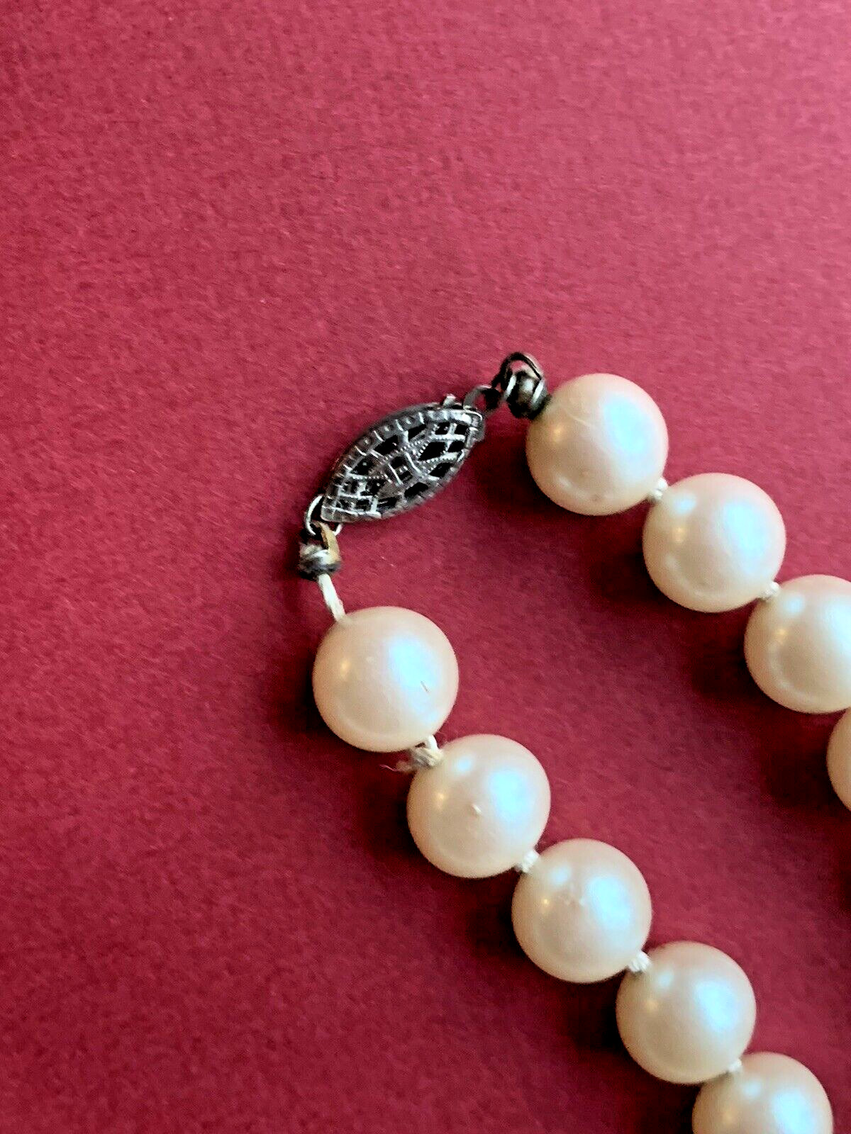 Vintage Glass Pearl Sterling Silver Fish Hook Clasp Knotted 24″ Long Necklace