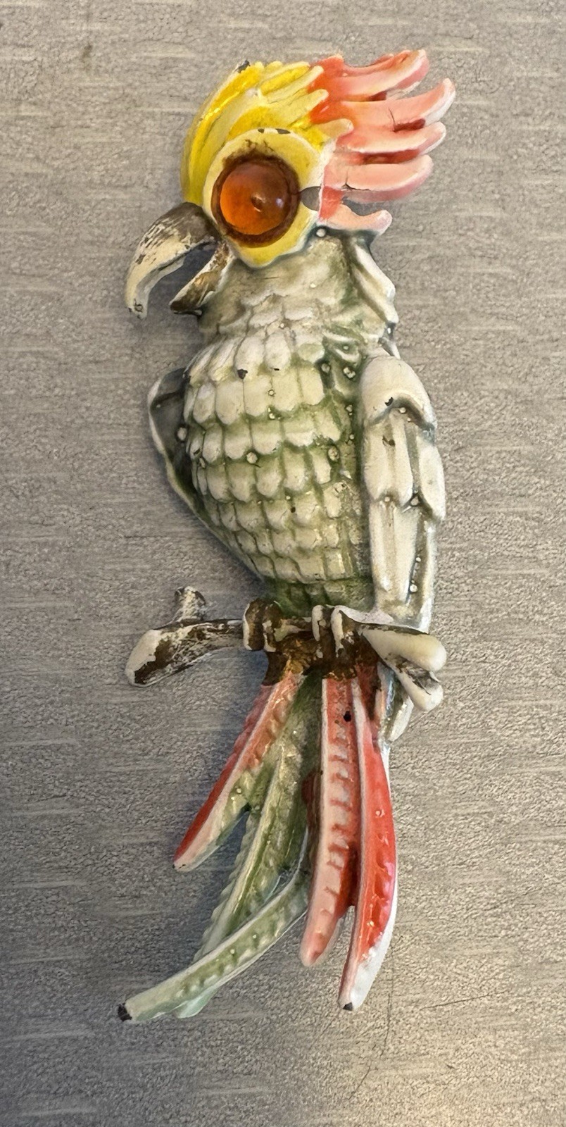 Vintage Enamel Cockatoo Parrot Bird Brooch Colorful Amber Glass Cabochon Eye
