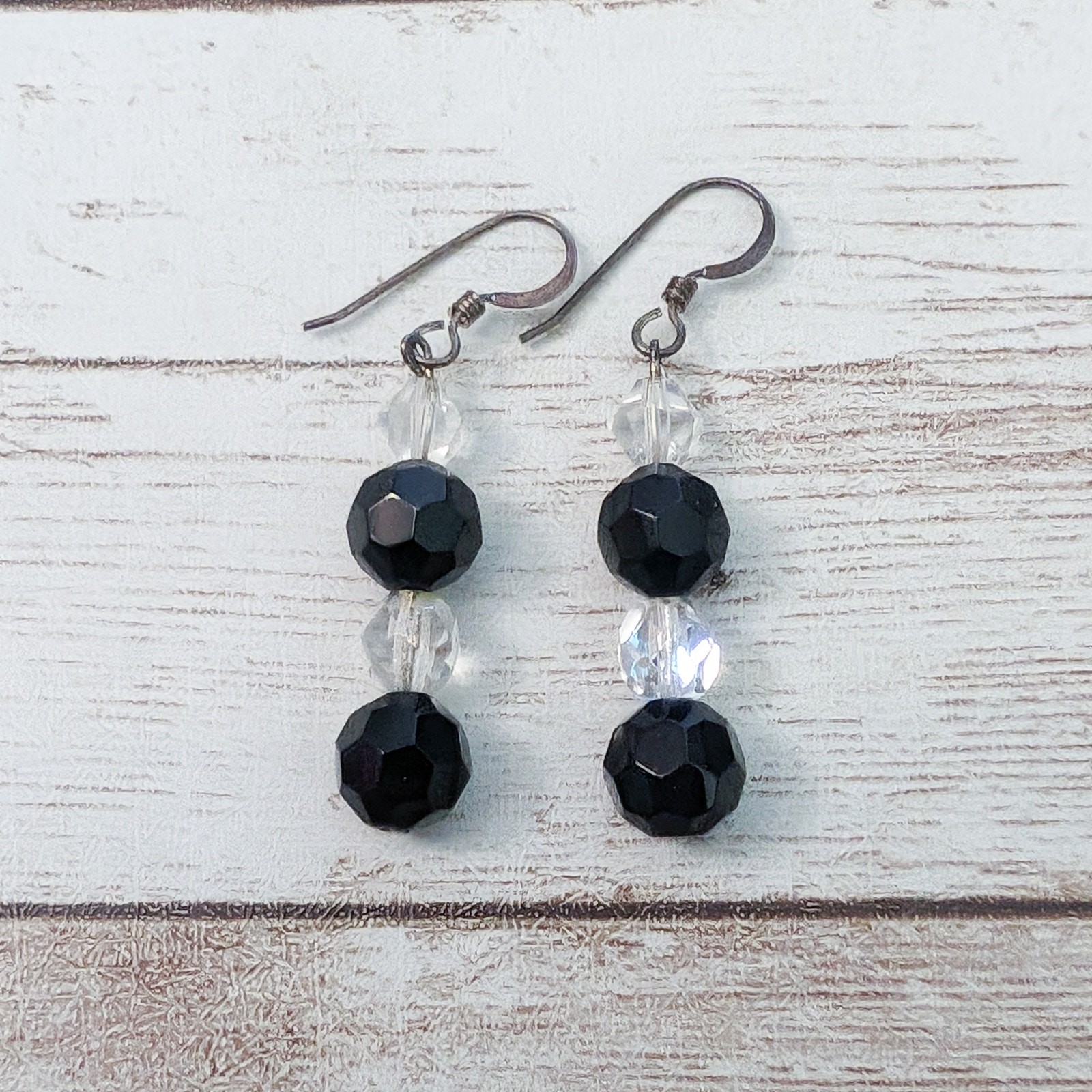 Vintage Earrings For Pierced Ears – Black & Clear Beaded Dangle