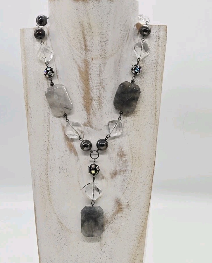 Macy’s Y Drop Necklace Marbled Grey Acrylic AB Crystal Couture Gunmetal 16 in
