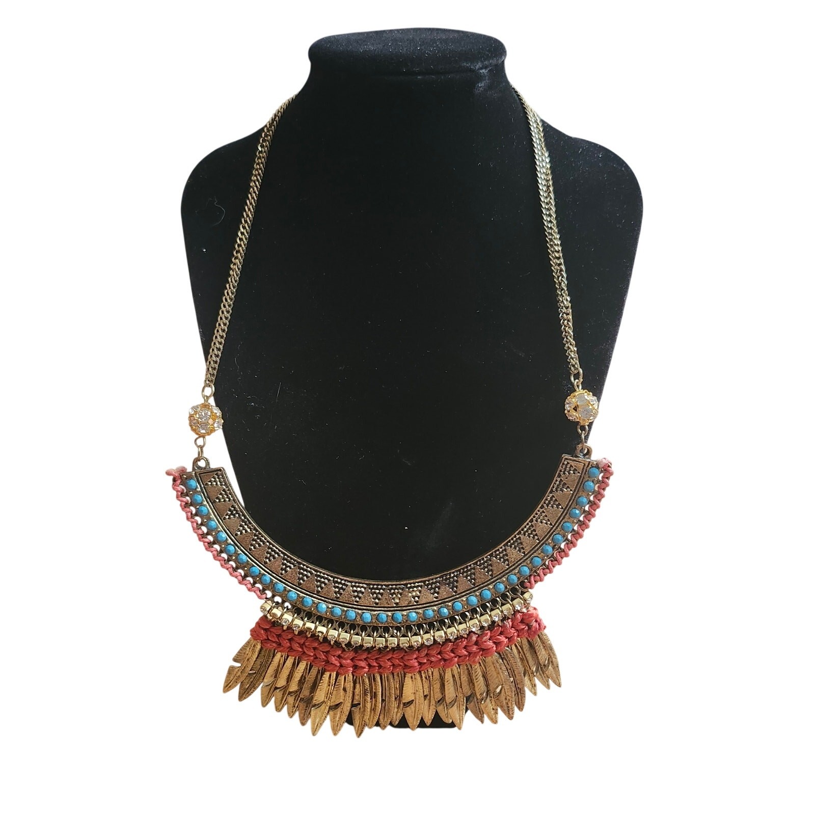 Boho Tribal Bib Fringe Statement Necklace Turquoise Beads Rhinestones Gold Tone