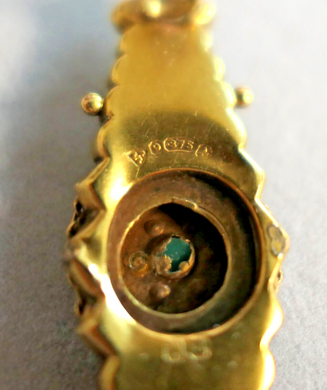 Antique 9K Karat Gold Diamond Turquoise Mourning Brooch Hallmarks Tested *READ*