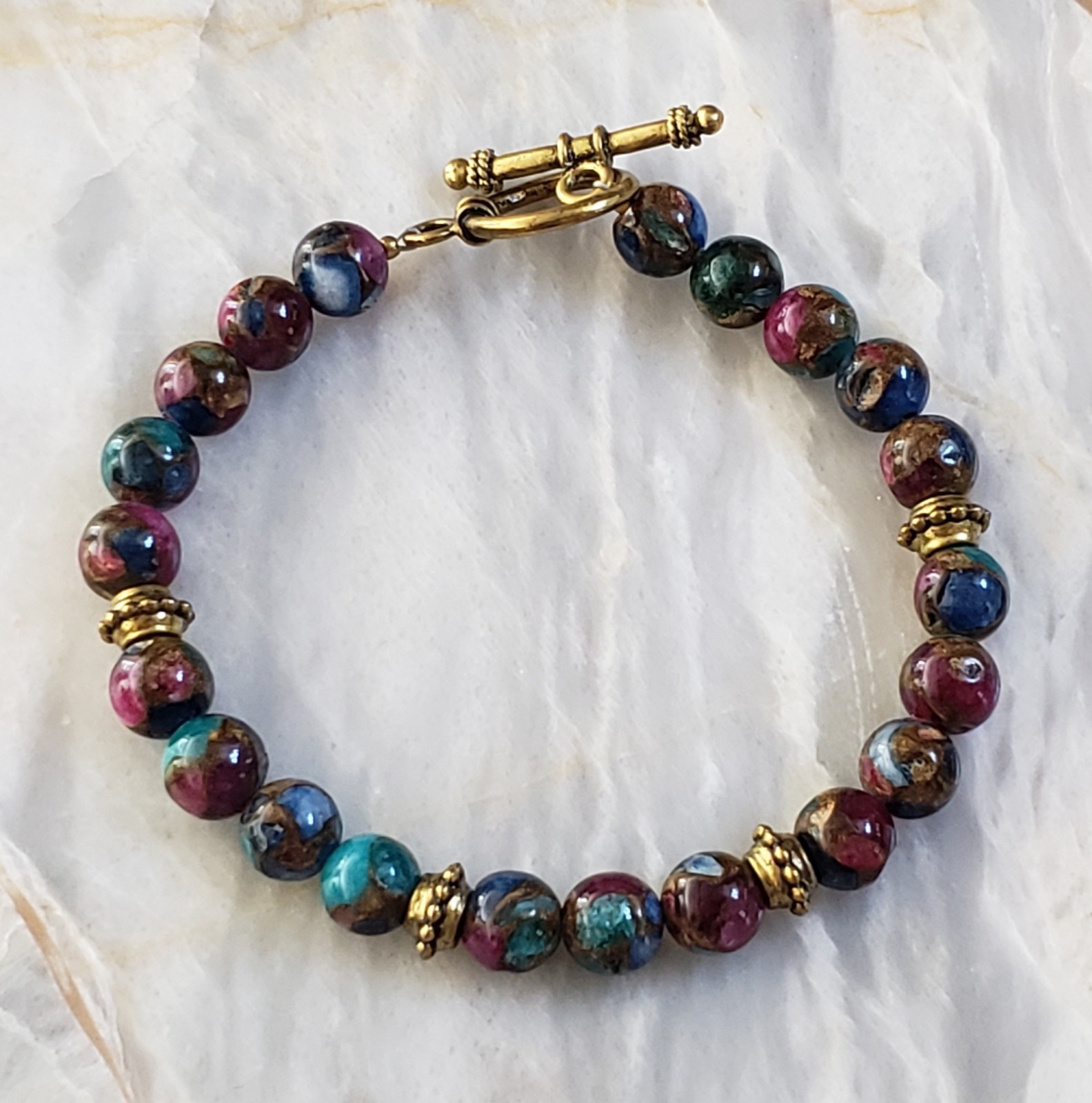 Vintage Gemstone Bead Gold Tone Spacers & Toggle Closure Bracelet 7¾