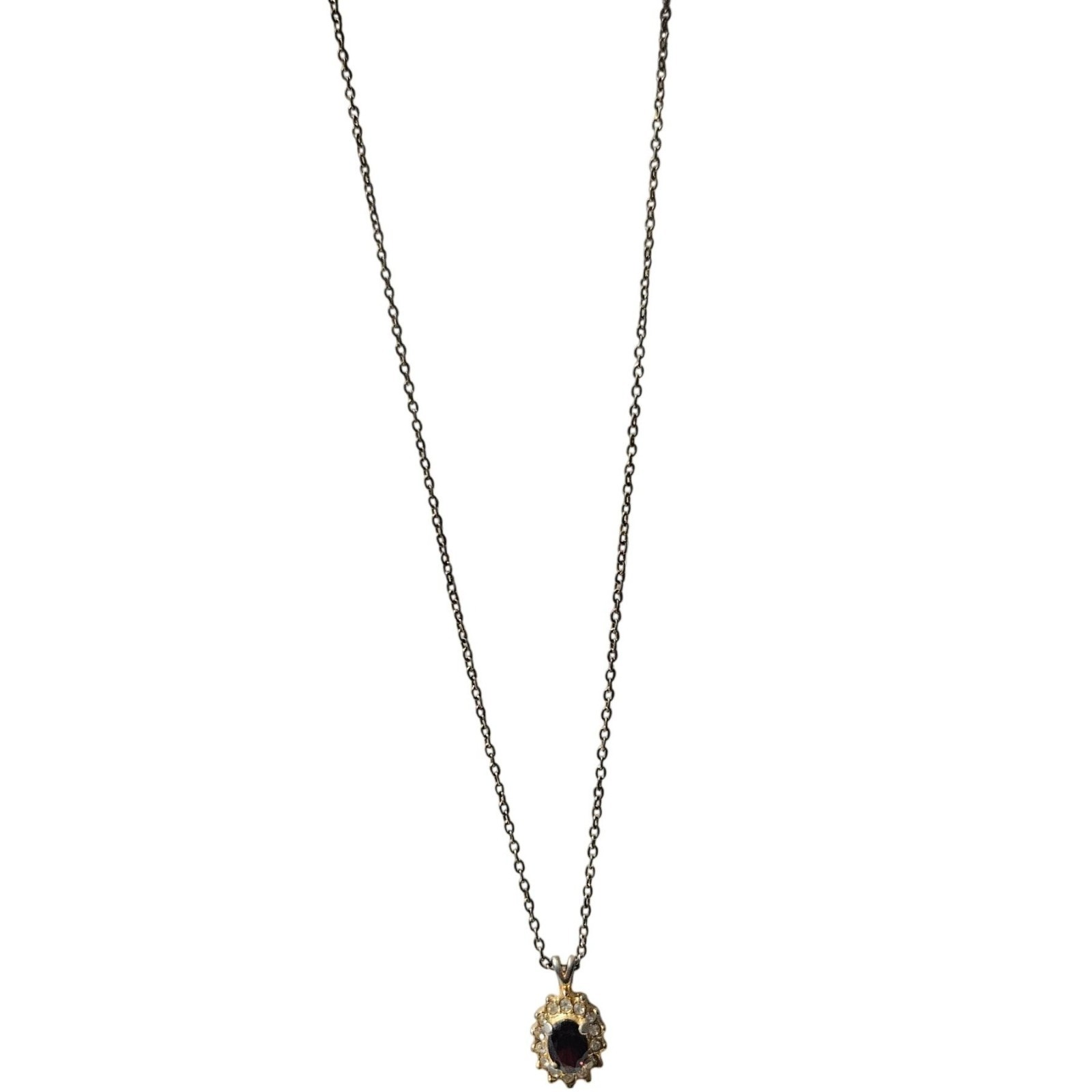 Vintage Oval Red Gemstone Pendant Necklace Clear Accent Stones Gold Tone Jewelry