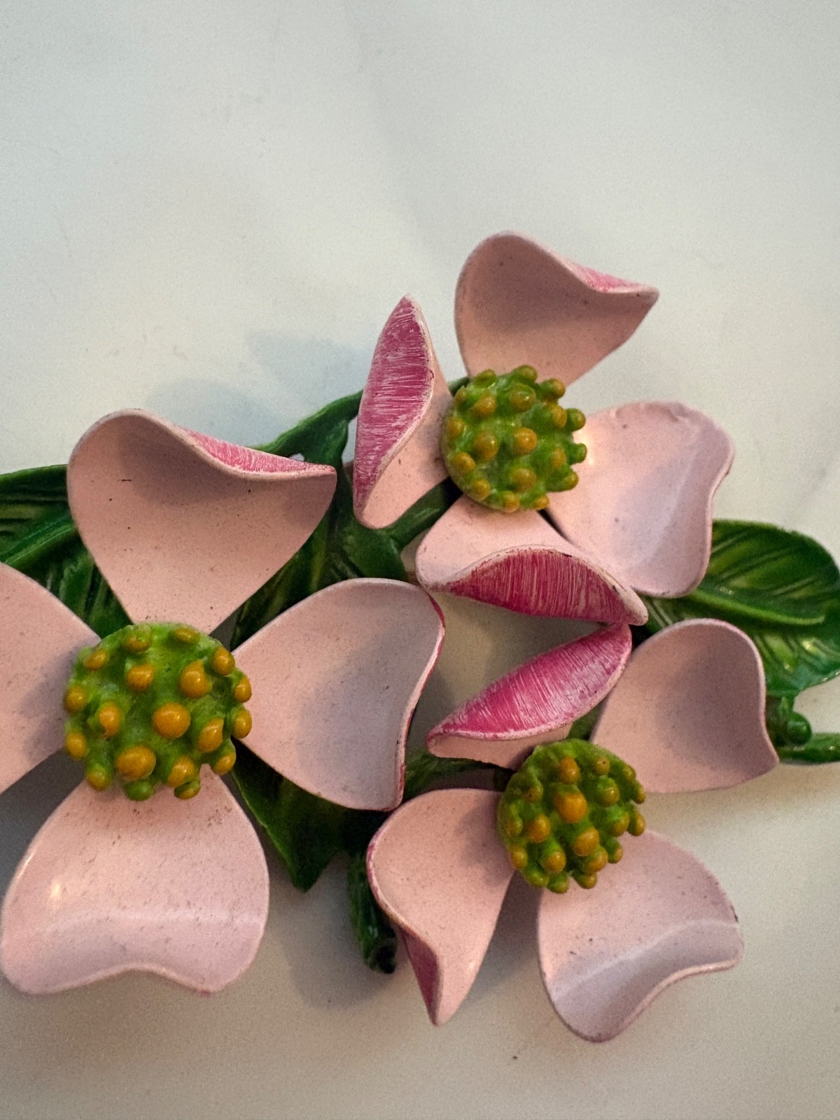 Vintage Pink and Green Enamel Dogwood Flower Brooch