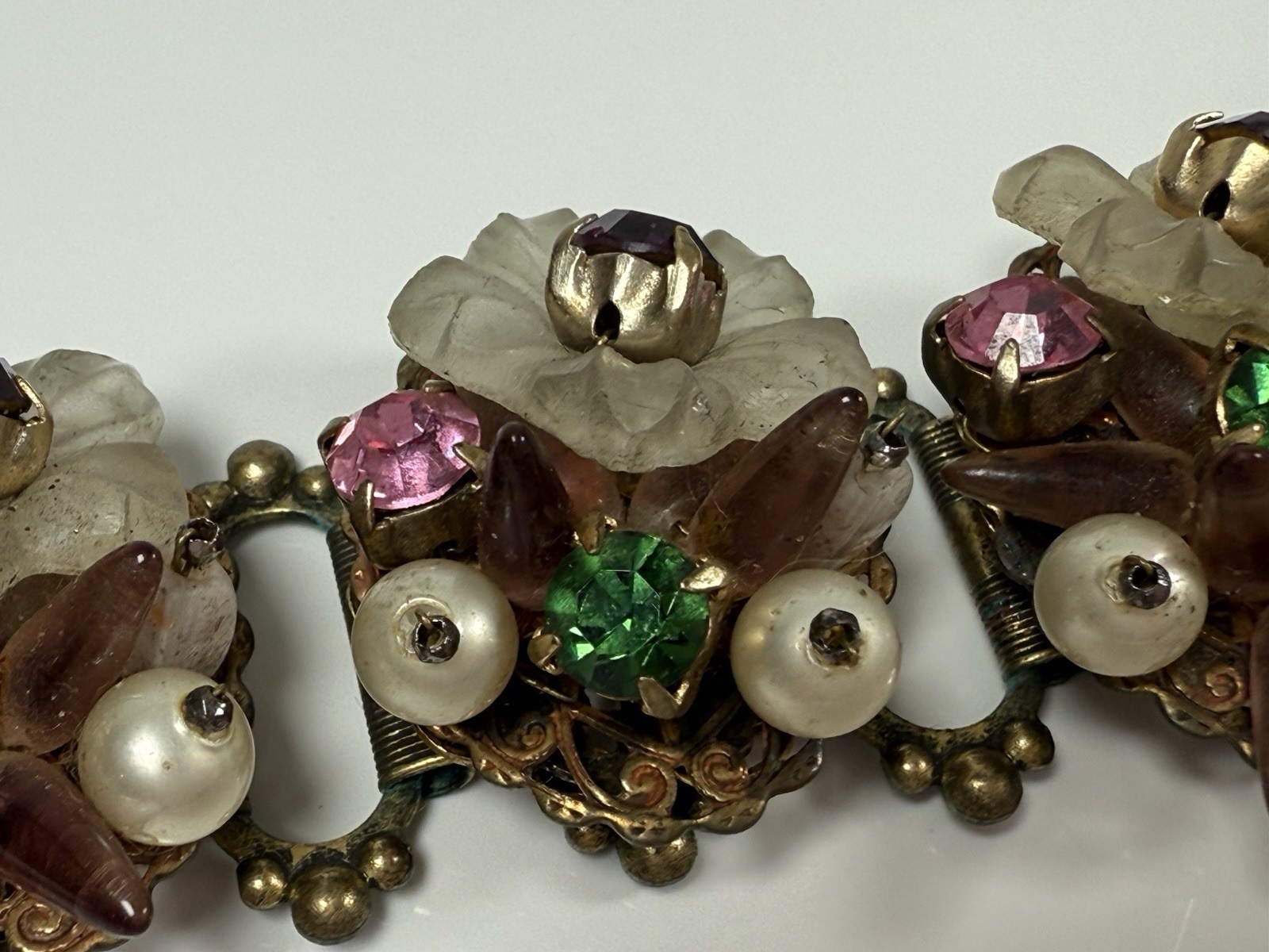Antique Flower Glass Beaded Rhinestone Panel Bracelet 7″ Chunky 3D Book Chain