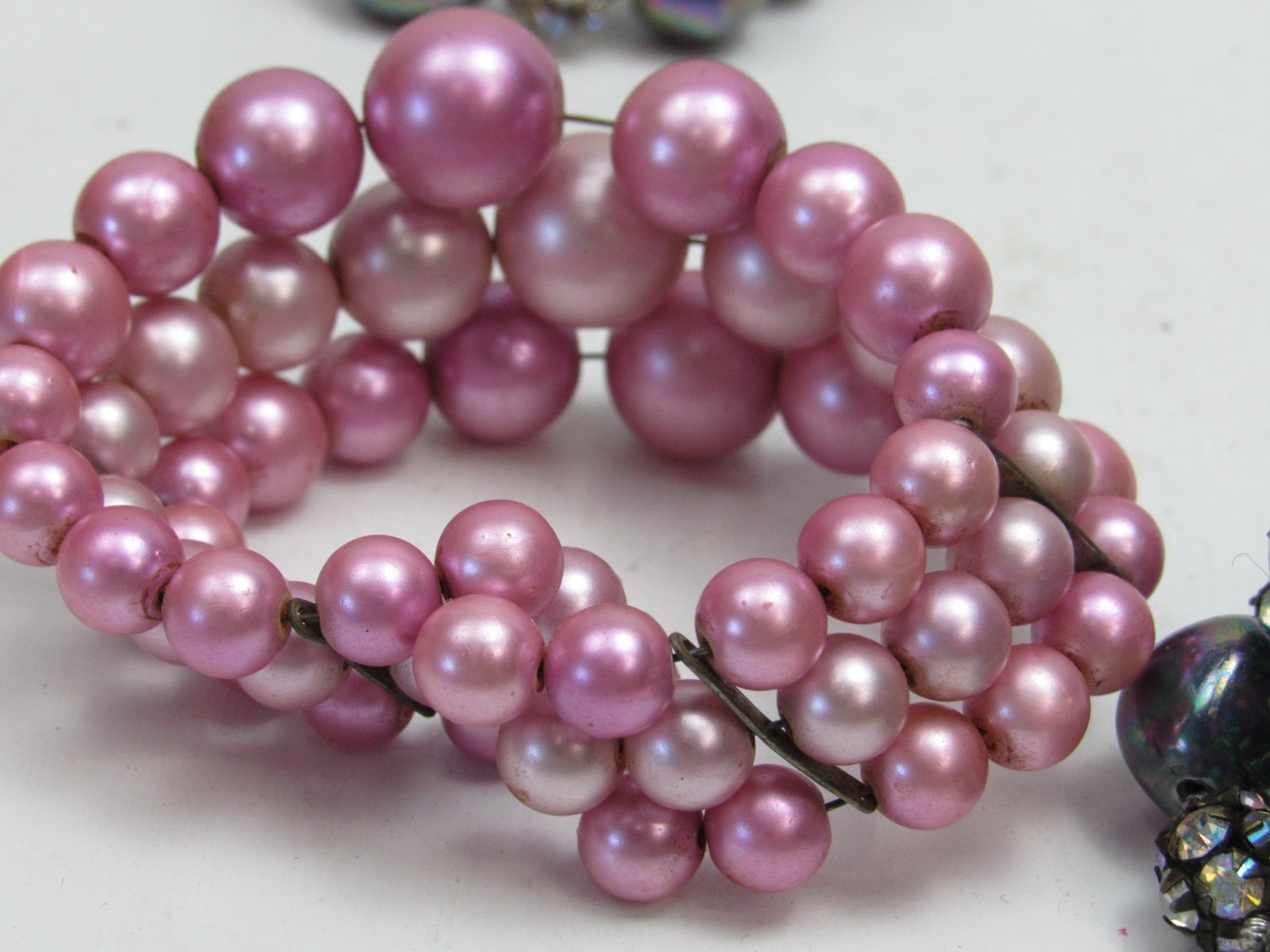 3 Vintage Beaded Stretch Cuff Bracelets Lot Pink Iridescent Rhinestone
