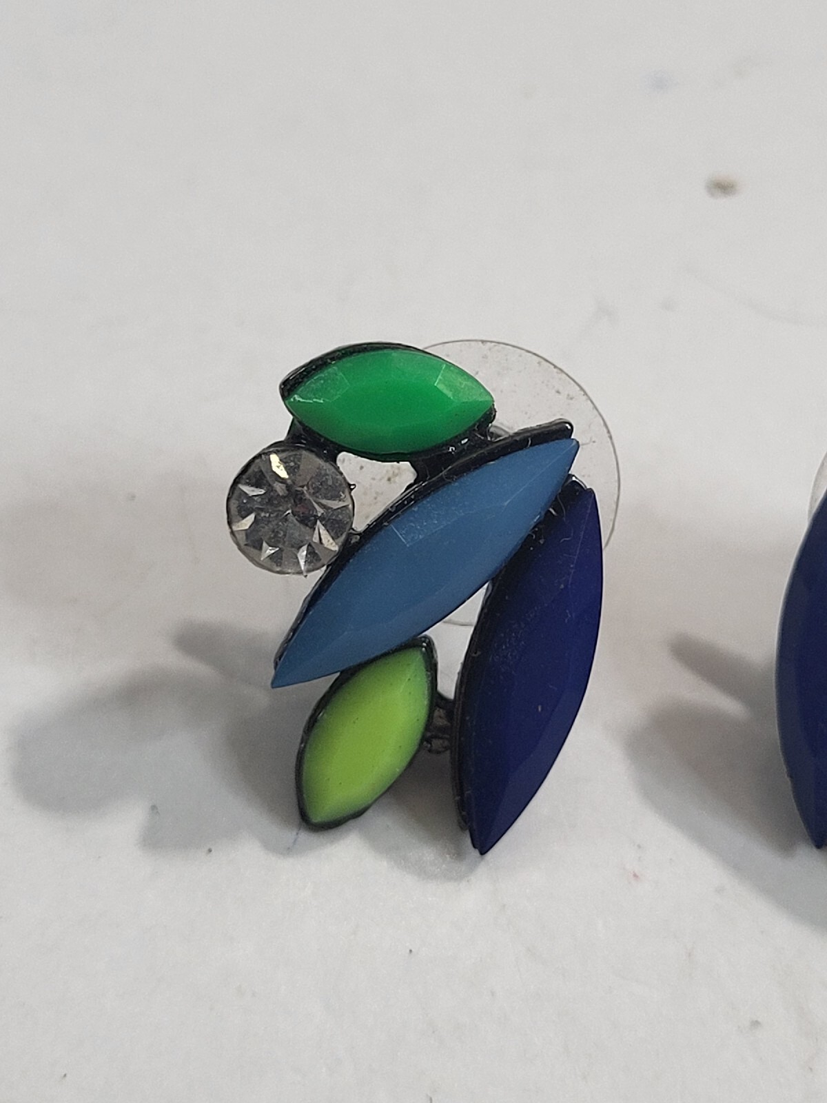 Vintage Peacock Feather Wing Blue Green Enamel Rhinestone Pierced Earrings