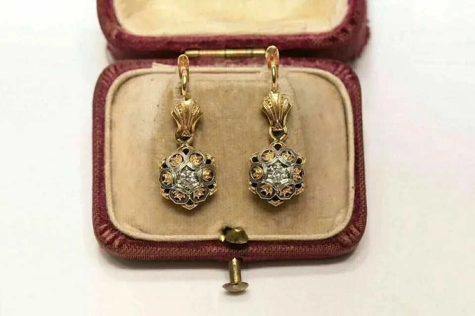 Art Deco Style Round Lab Created Diamond Wedding 14K Yellow Gold Finish Earrings