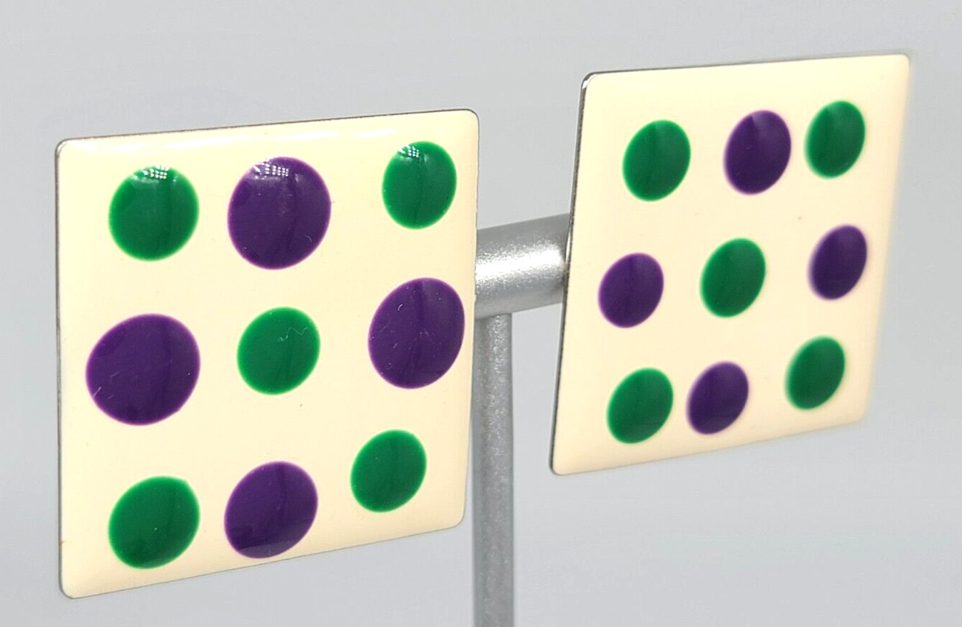 Polka Dot Earrings Purple Green White Enamel Mod Silver Tone Pierced Vintage