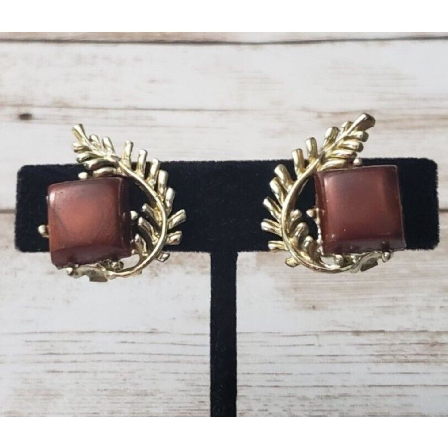Vintage Clip On Earrings Brown Square with Gold Tone Leaf Details