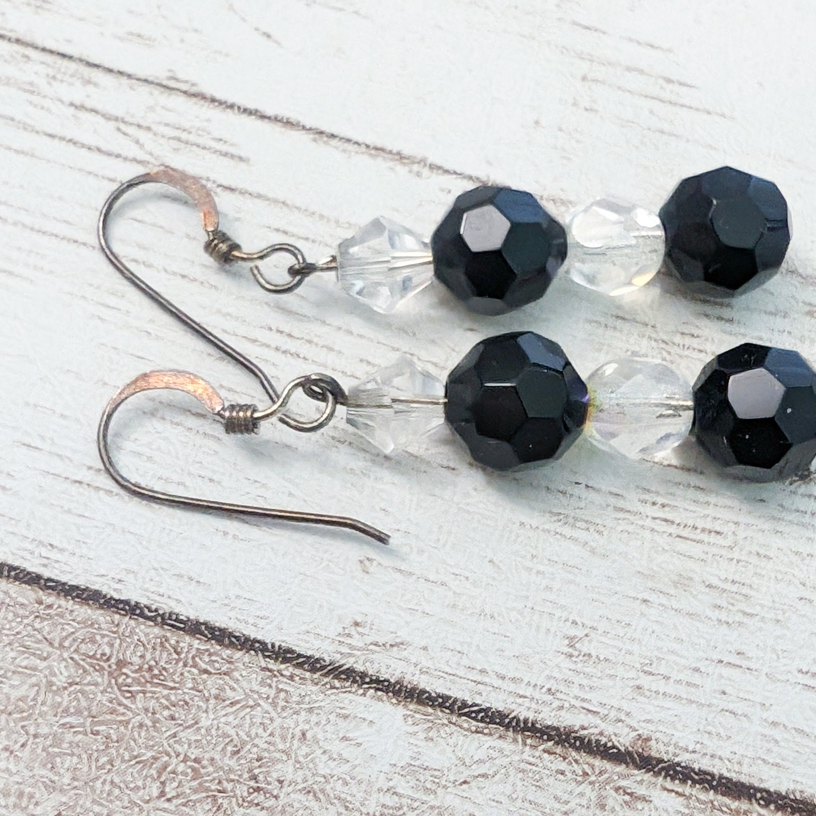 Vintage Earrings For Pierced Ears – Black & Clear Beaded Dangle