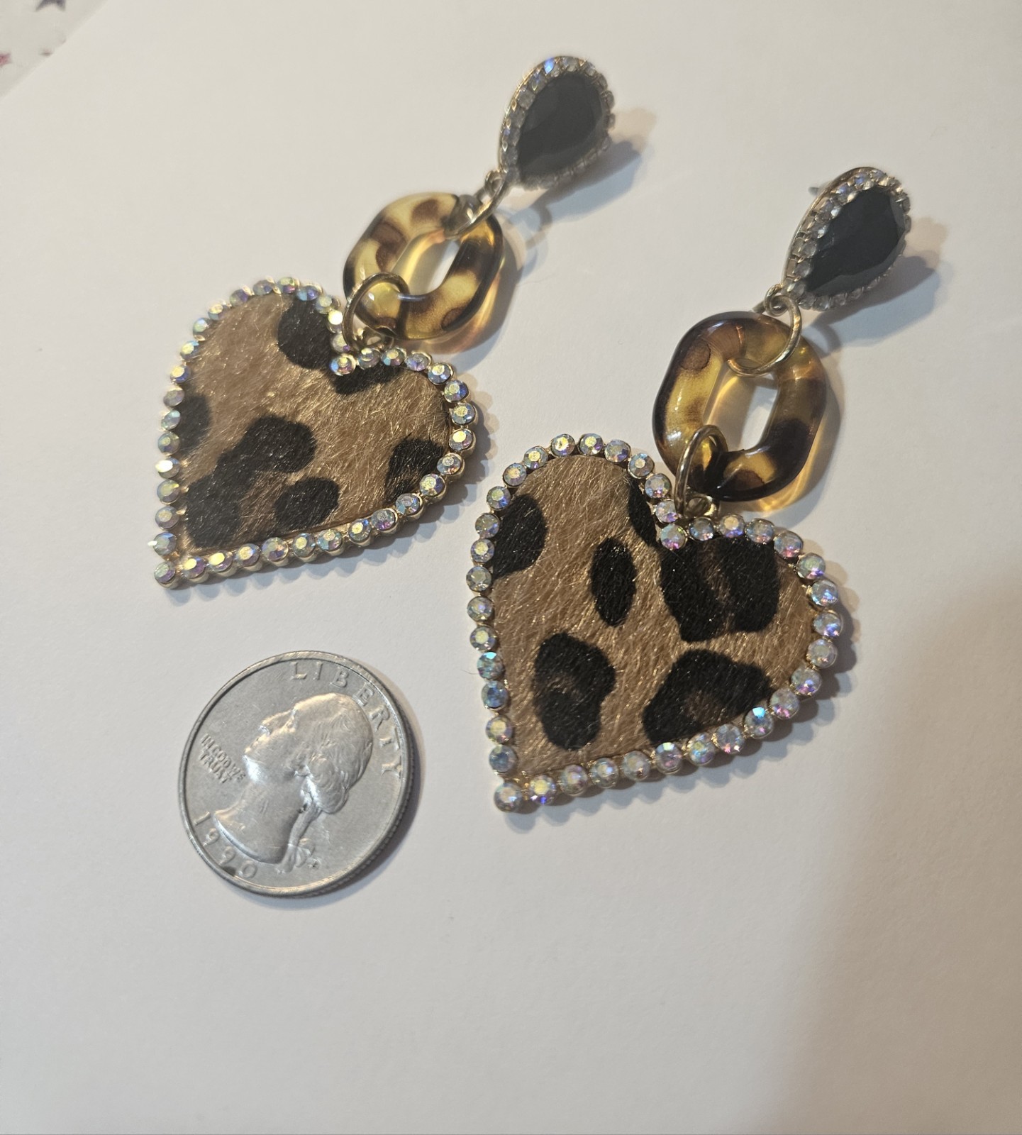 Vintage Faux Fur Leopard Print Heart Drop Earrings With Rhinestone Accents